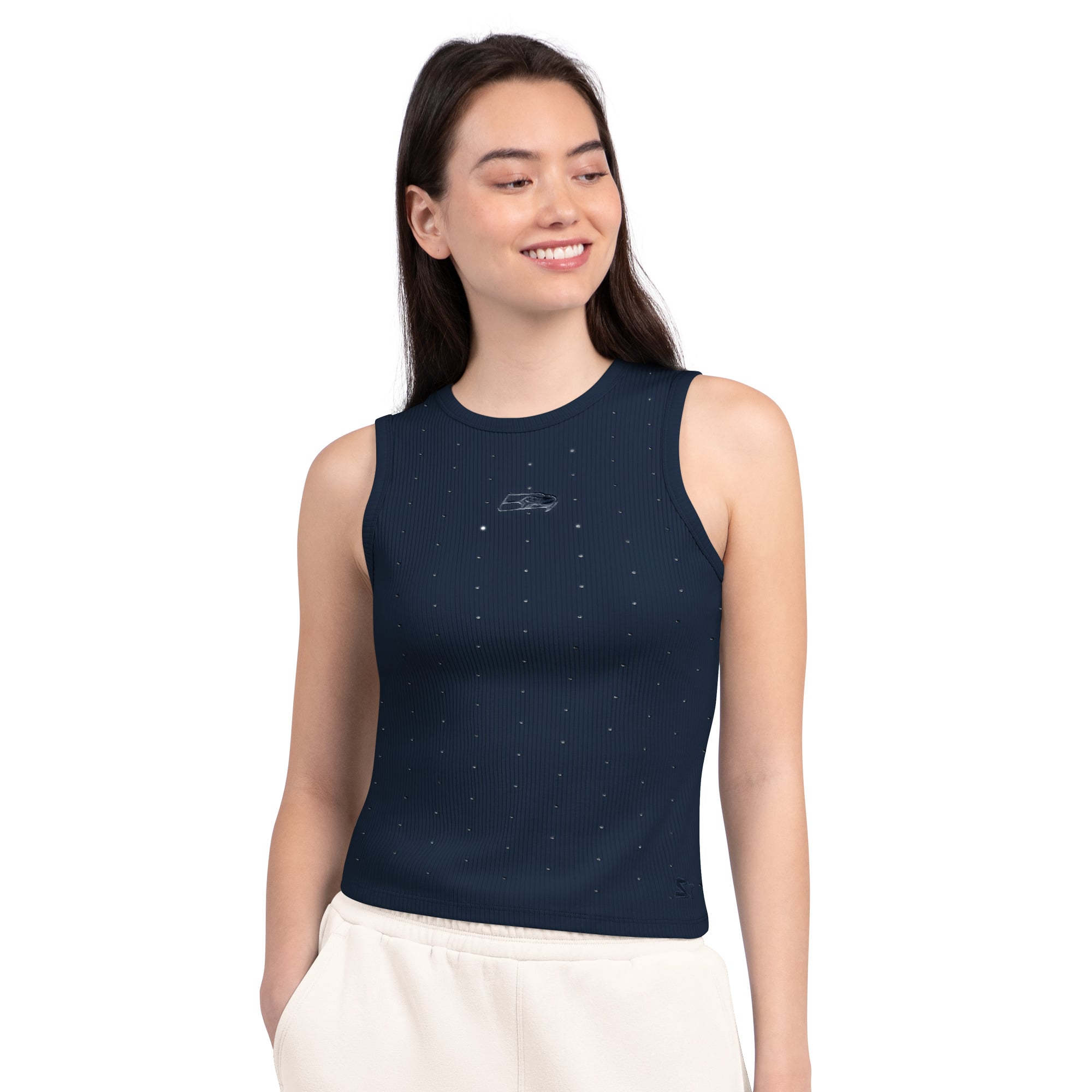 Débardeur côtelé Starter College Navy Seattle Seahawks pour femme, orné de strass