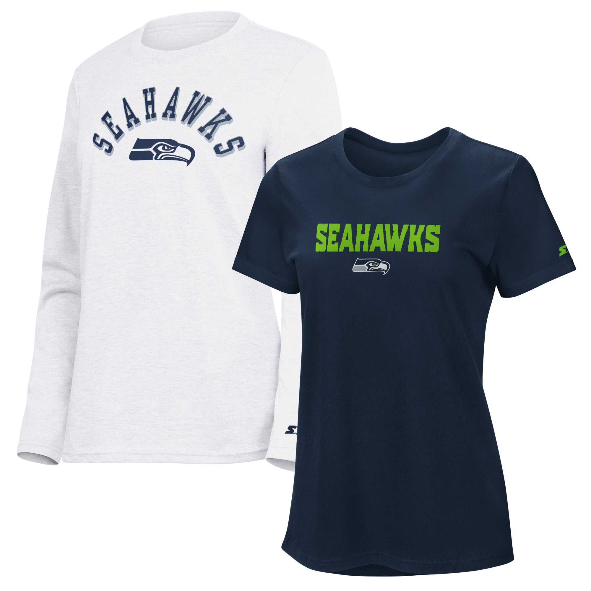 Pack de t-shirts à manches courtes et longues Starter College pour femmes, bleu marine/gris cendré, Seattle Seahawks