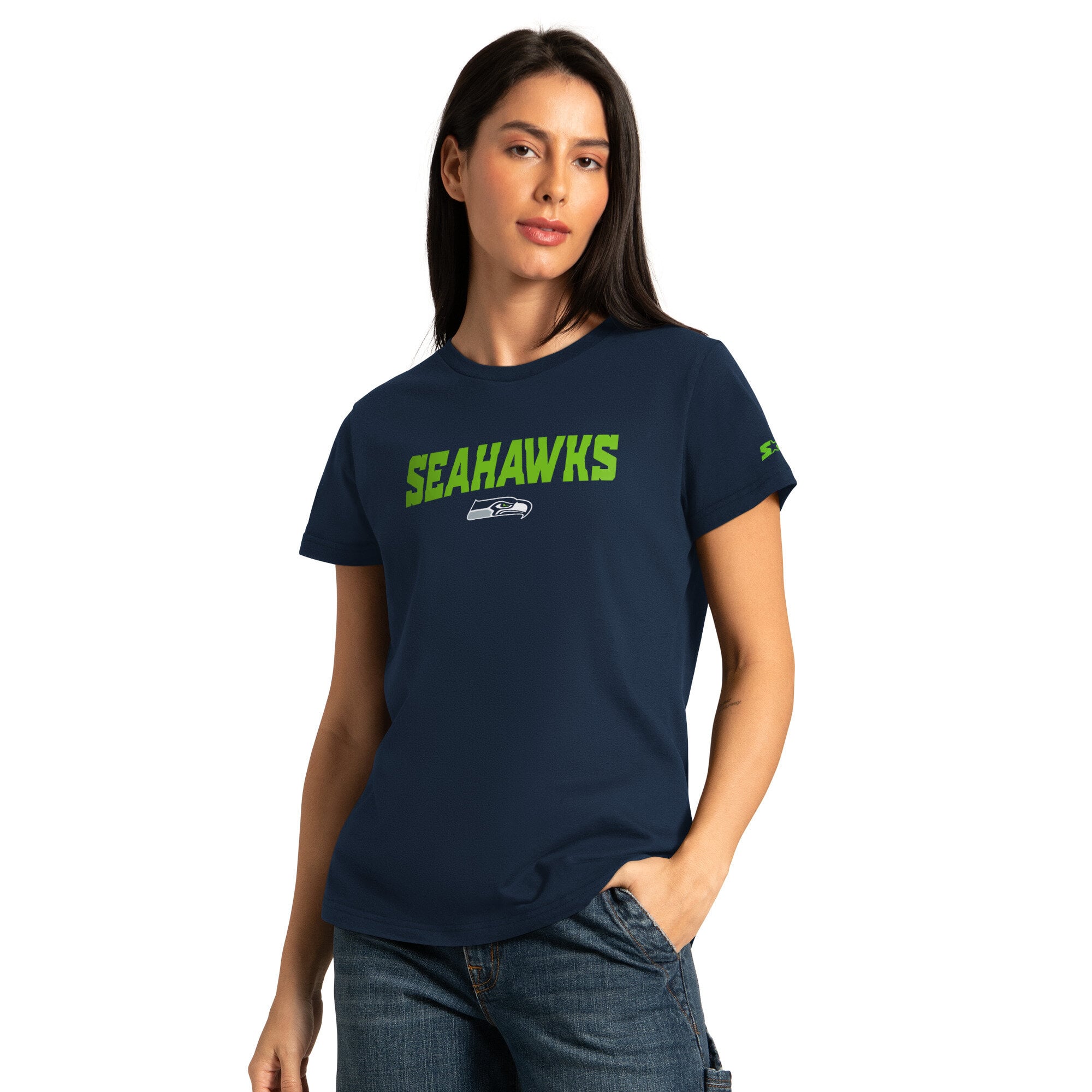 Pack de t-shirts à manches courtes et longues Starter College pour femmes, bleu marine/gris cendré, Seattle Seahawks
