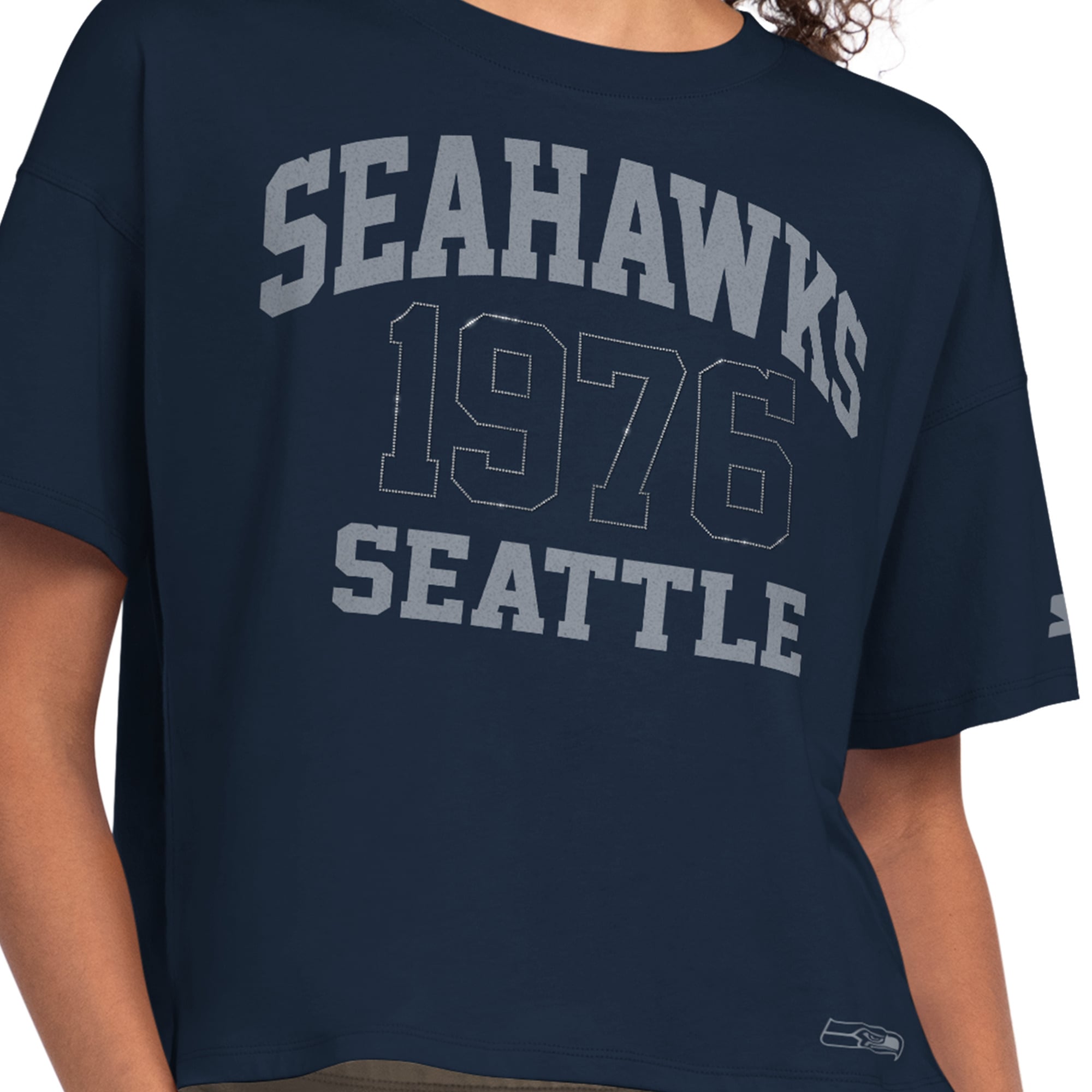 Women's Starter Navy Seattle Seahawks Rhinestone Boxy Cropped T-Shirt