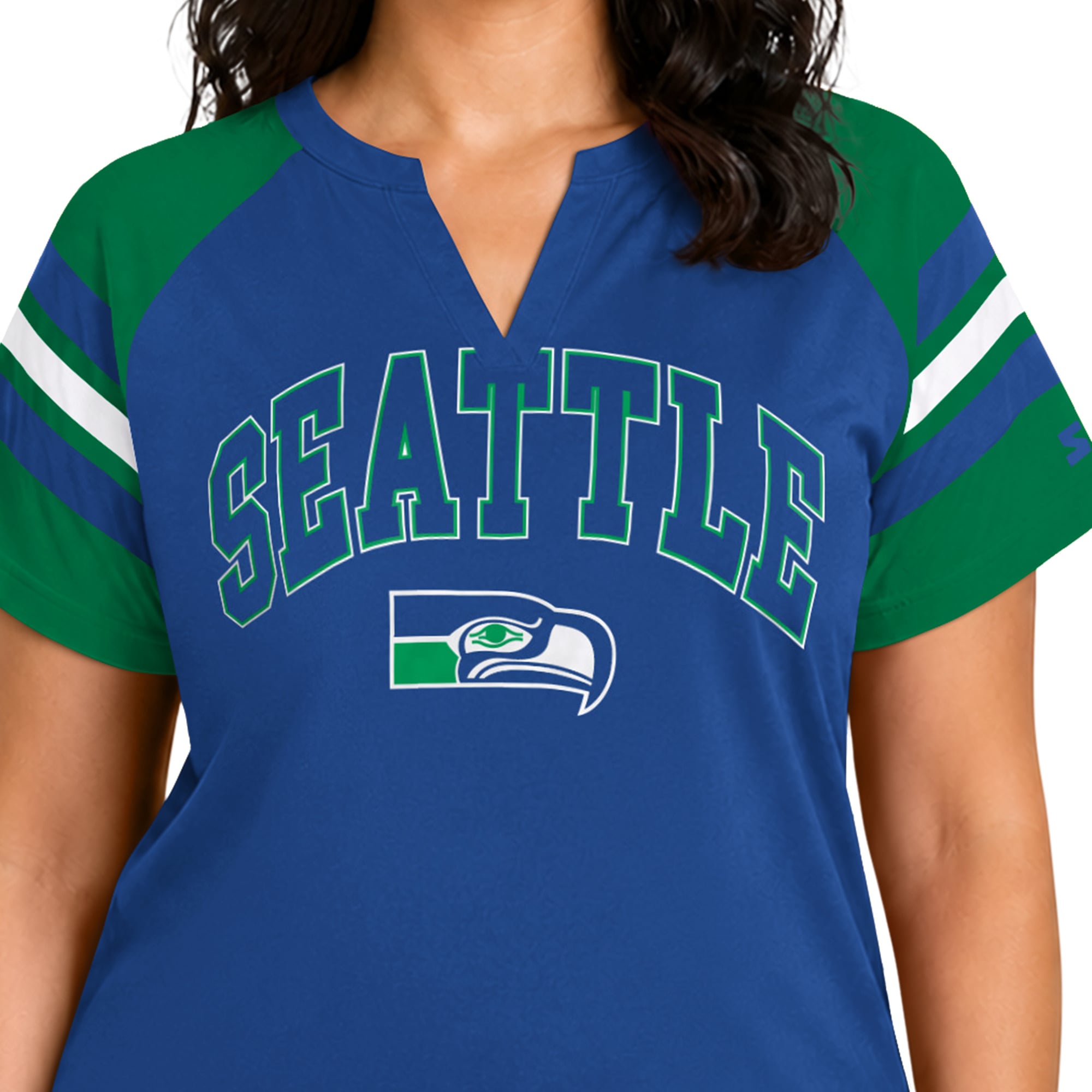 Women's Starter Royal Seattle Seahawks Plus Throwback Game On Notch Neck Raglan T-Shirt