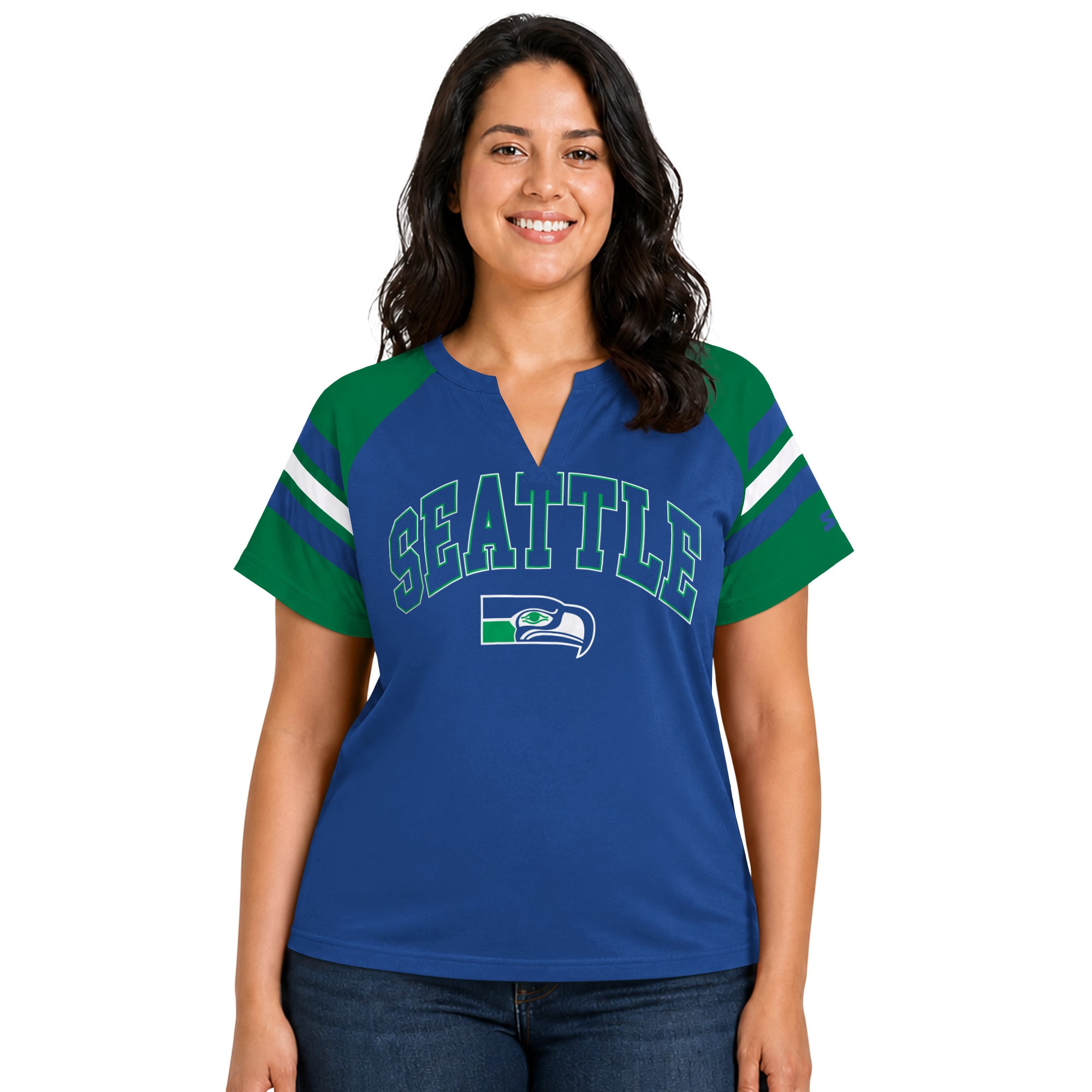 Women's Starter  Royal Seattle Seahawks Plus Throwback Game On Notch Neck Raglan T-Shirt