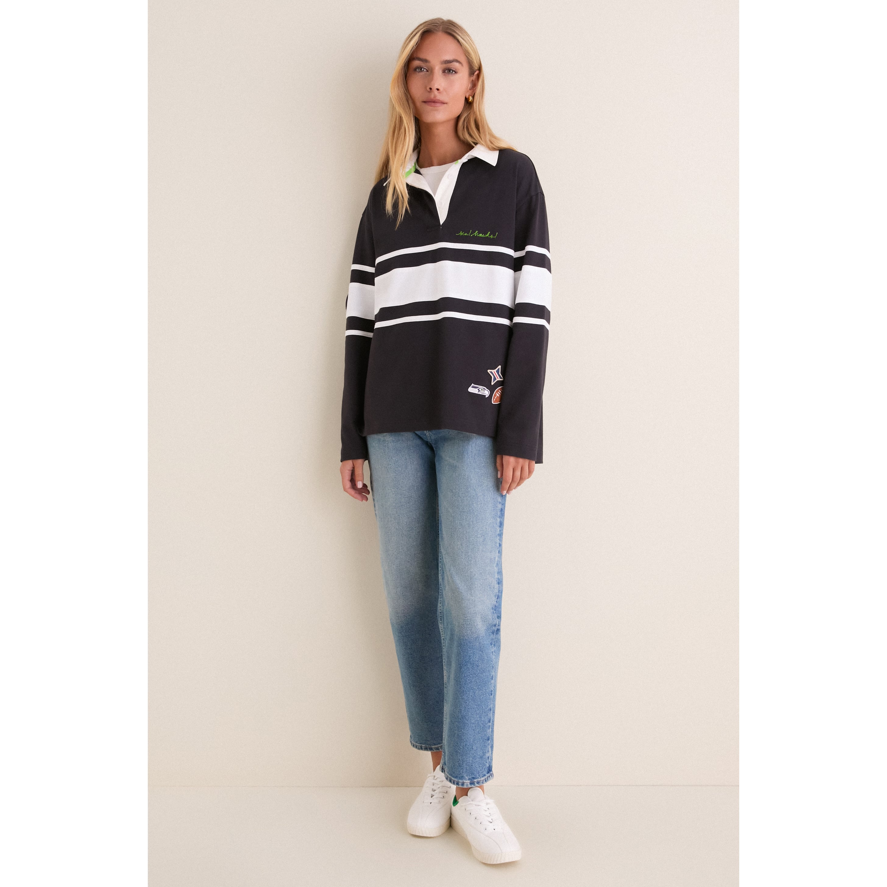 Polo à manches longues bleu marine Seattle Seahawks de l'université Tuckernuck pour femmes