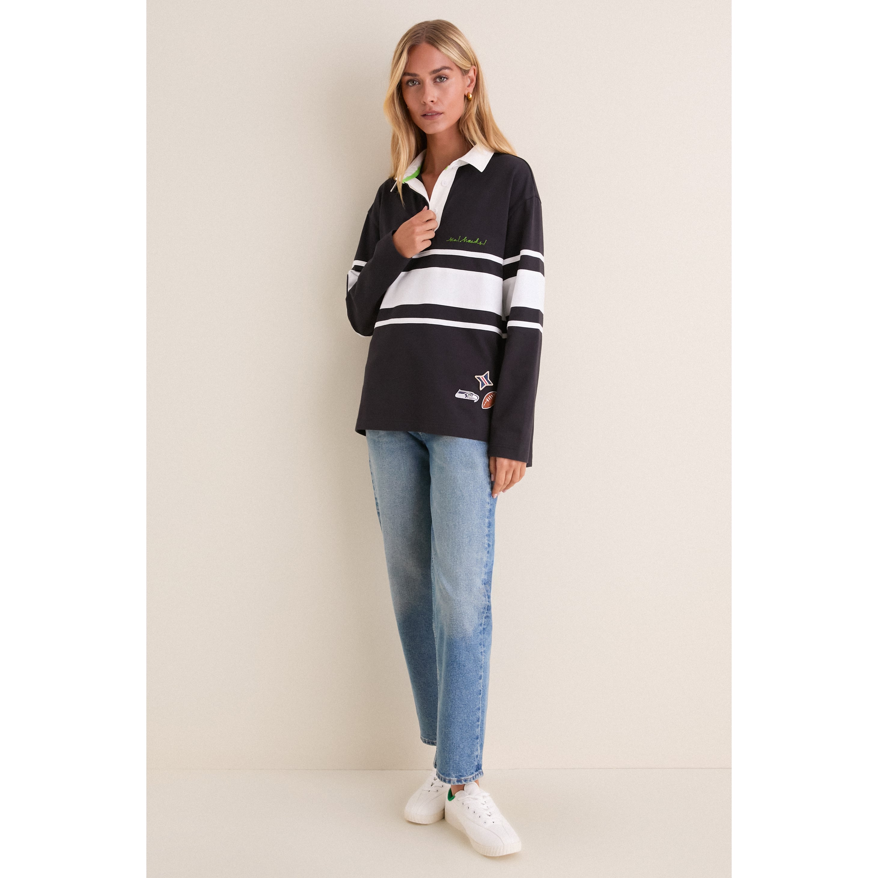 Polo à manches longues bleu marine Seattle Seahawks de l'université Tuckernuck pour femmes