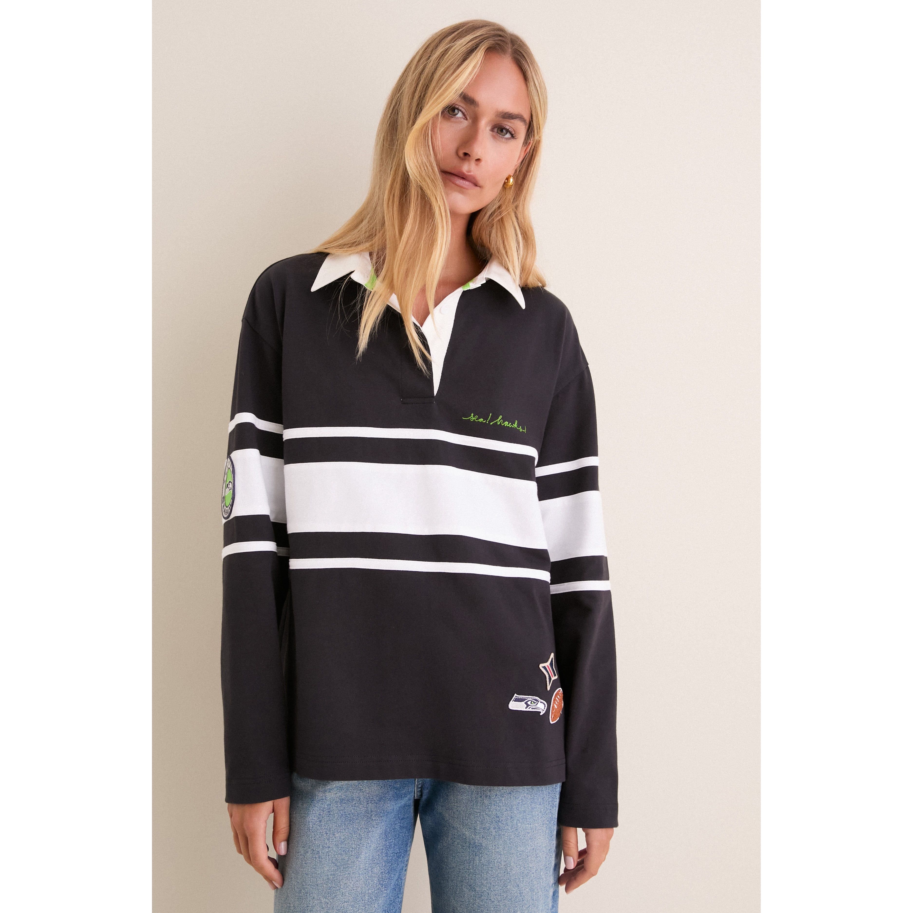 Polo à manches longues bleu marine Seattle Seahawks de l'université Tuckernuck pour femmes
