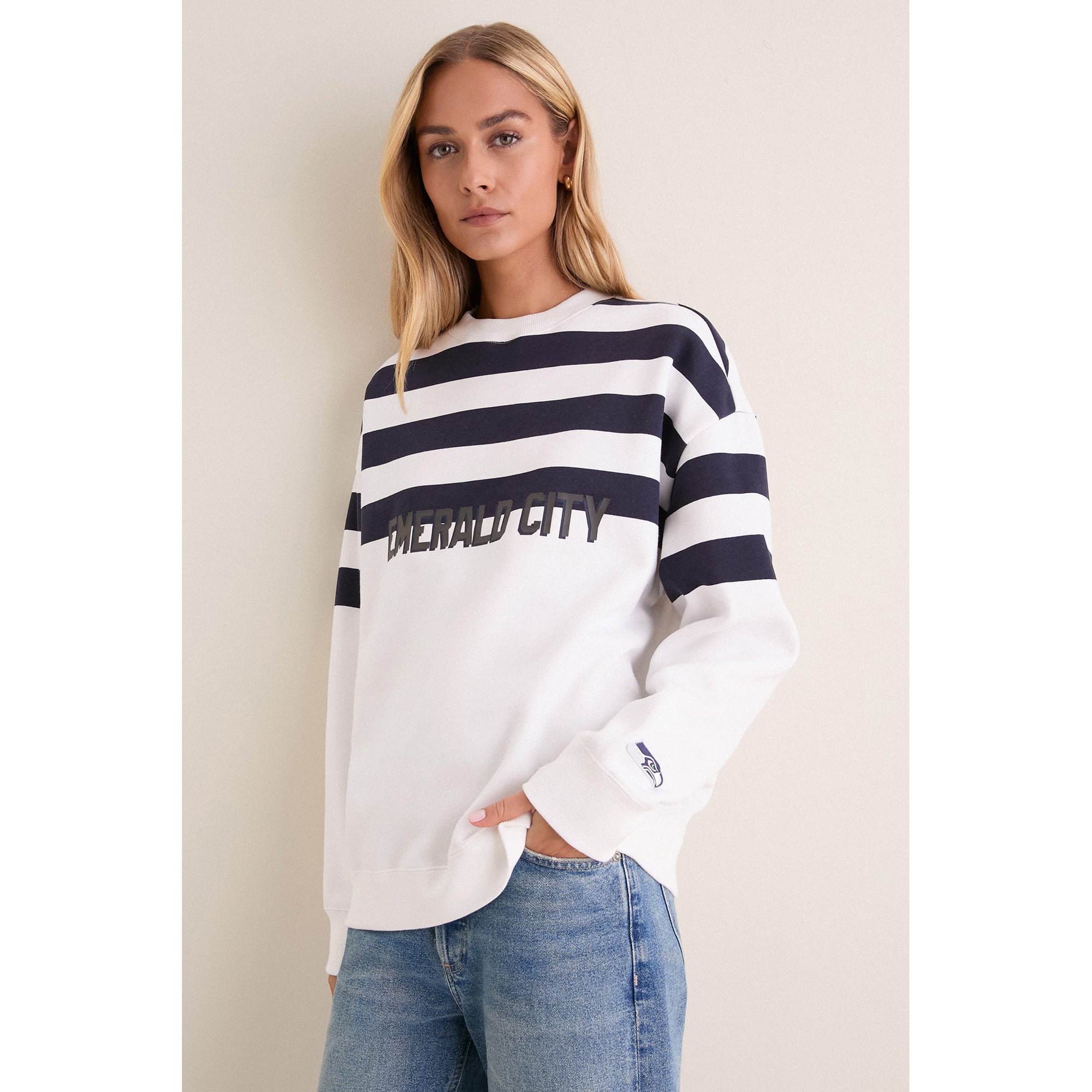 Women's Tuckernuck White/College Navy Seattle Seahawks Stripe Sweatshirt