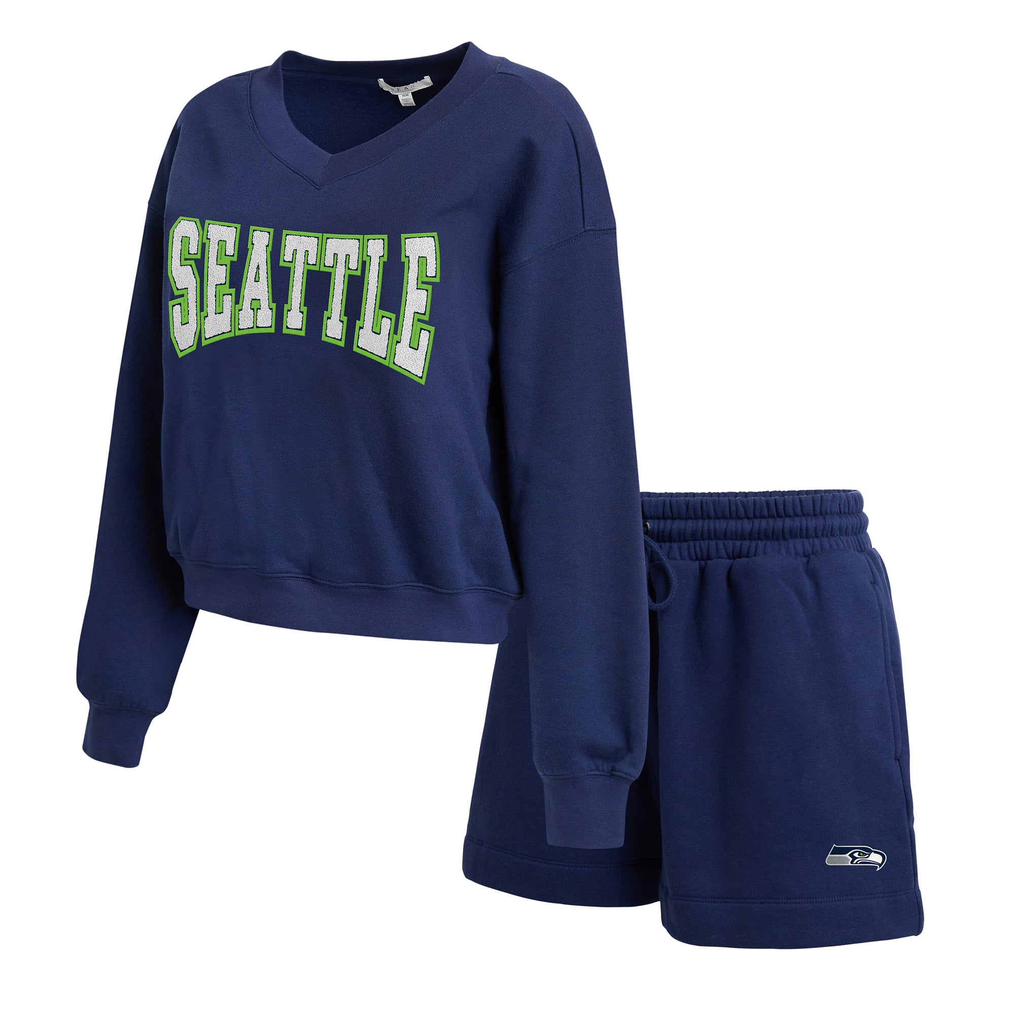 Women's WEAR by Erin Andrews College Navy Seattle Seahawks Fleece V-Neck Lounge Set