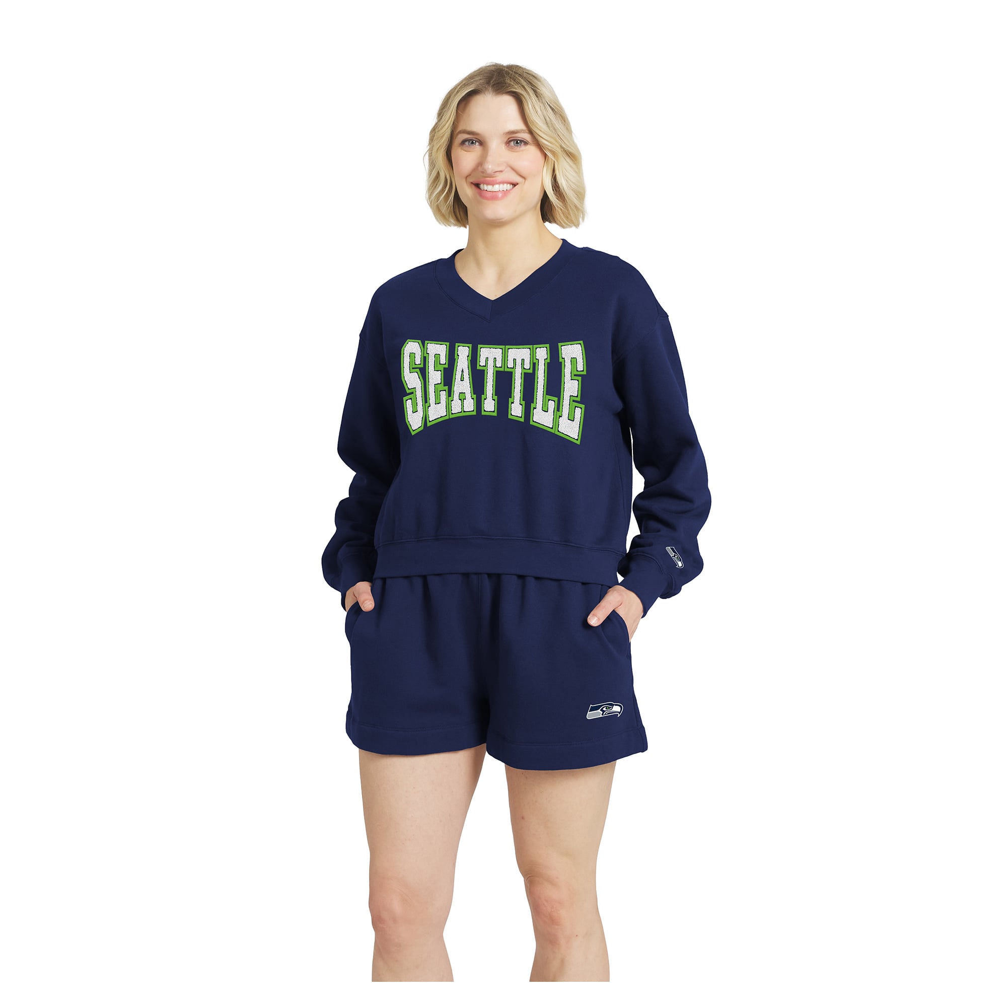 Women's WEAR by Erin Andrews College Navy Seattle Seahawks Fleece V-Neck Lounge Set