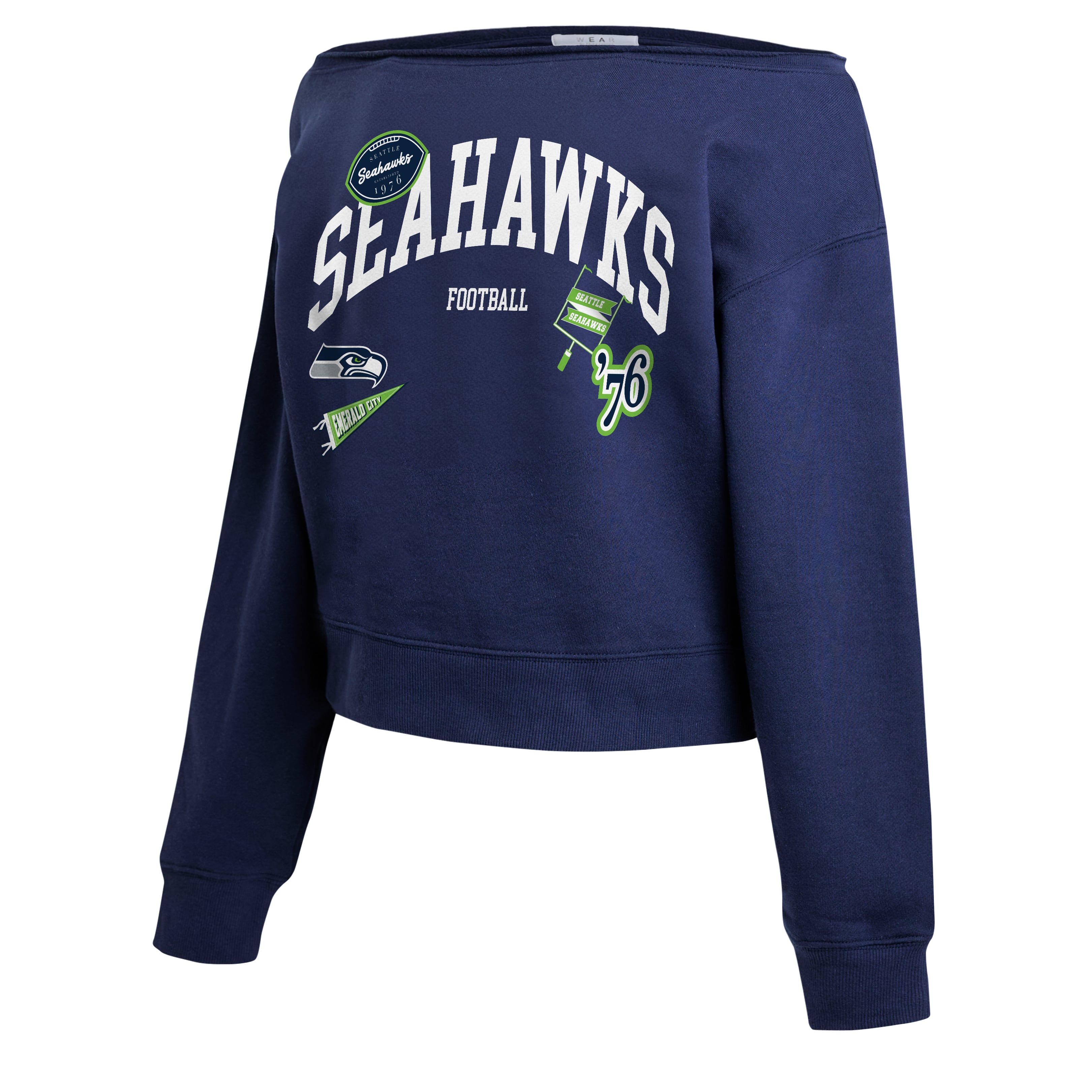 Women's WEAR by Erin Andrews College Navy Seattle Seahawks Off-the-Shoulder Sweatshirt