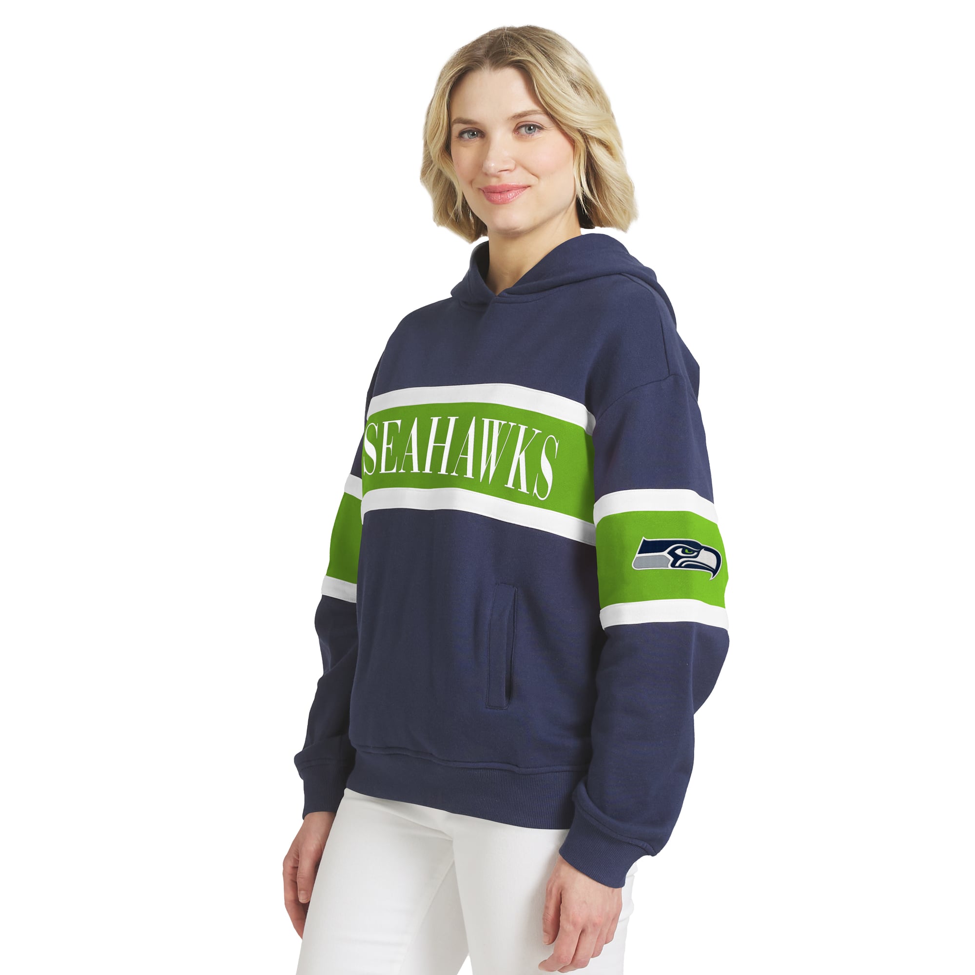 Sweat à capuche rayé bleu marine Seattle Seahawks de la marque WEAR by Erin Andrews pour femmes