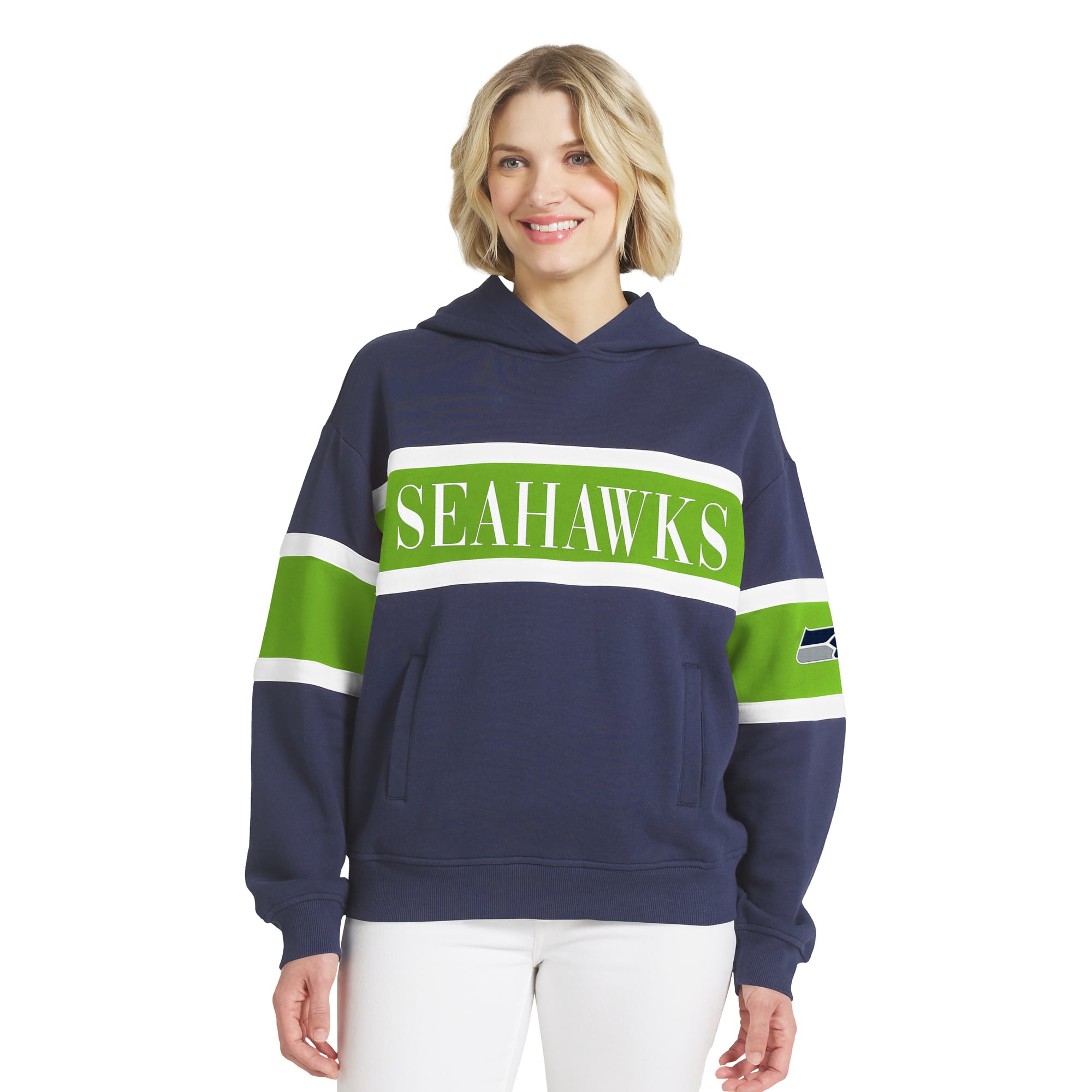 Sweat à capuche rayé bleu marine Seattle Seahawks de la marque WEAR by Erin Andrews pour femmes