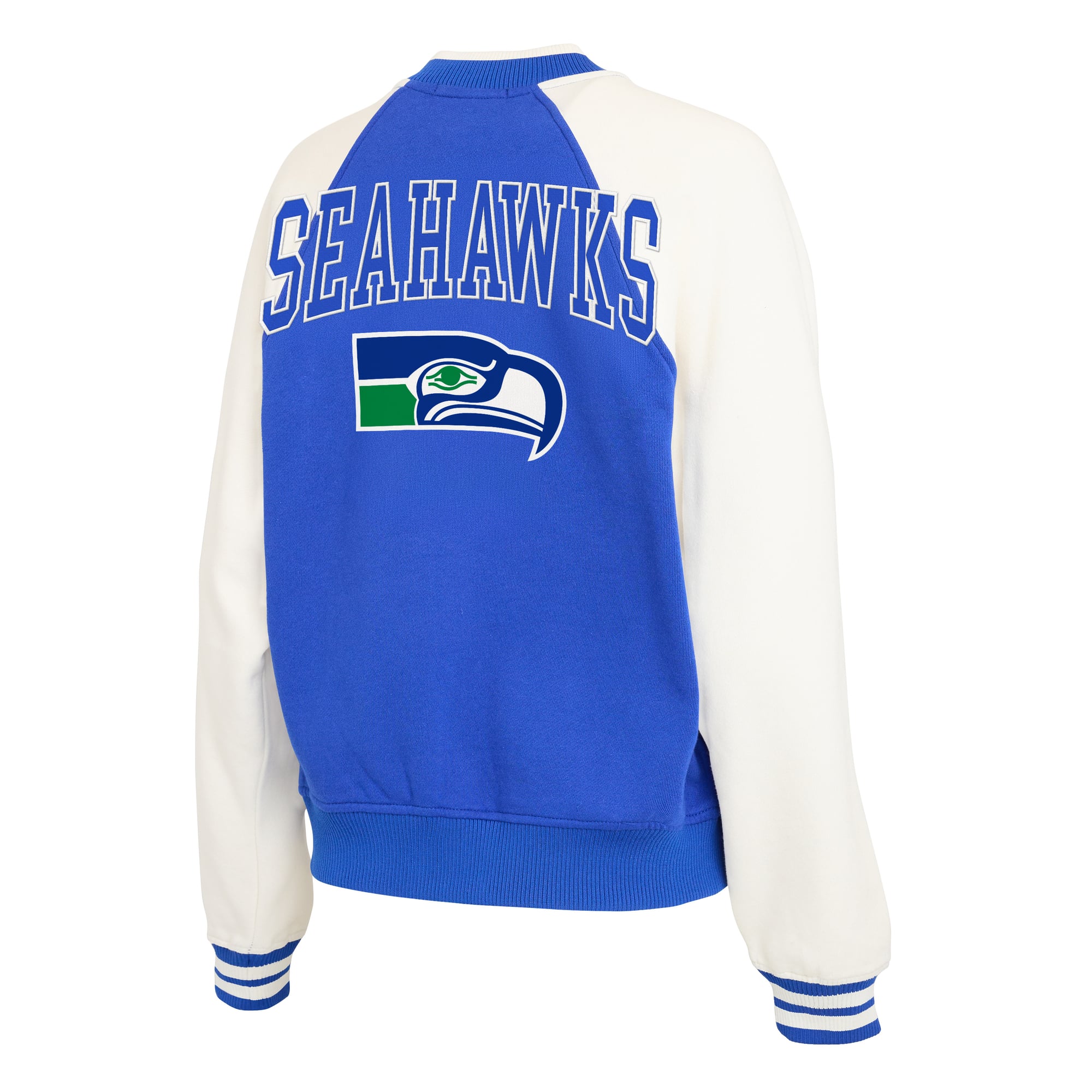 Women's WEAR by Erin Andrews Royal Seattle Seahawks Throwback Varsity Fleece Raglan Full-Zip Jacket