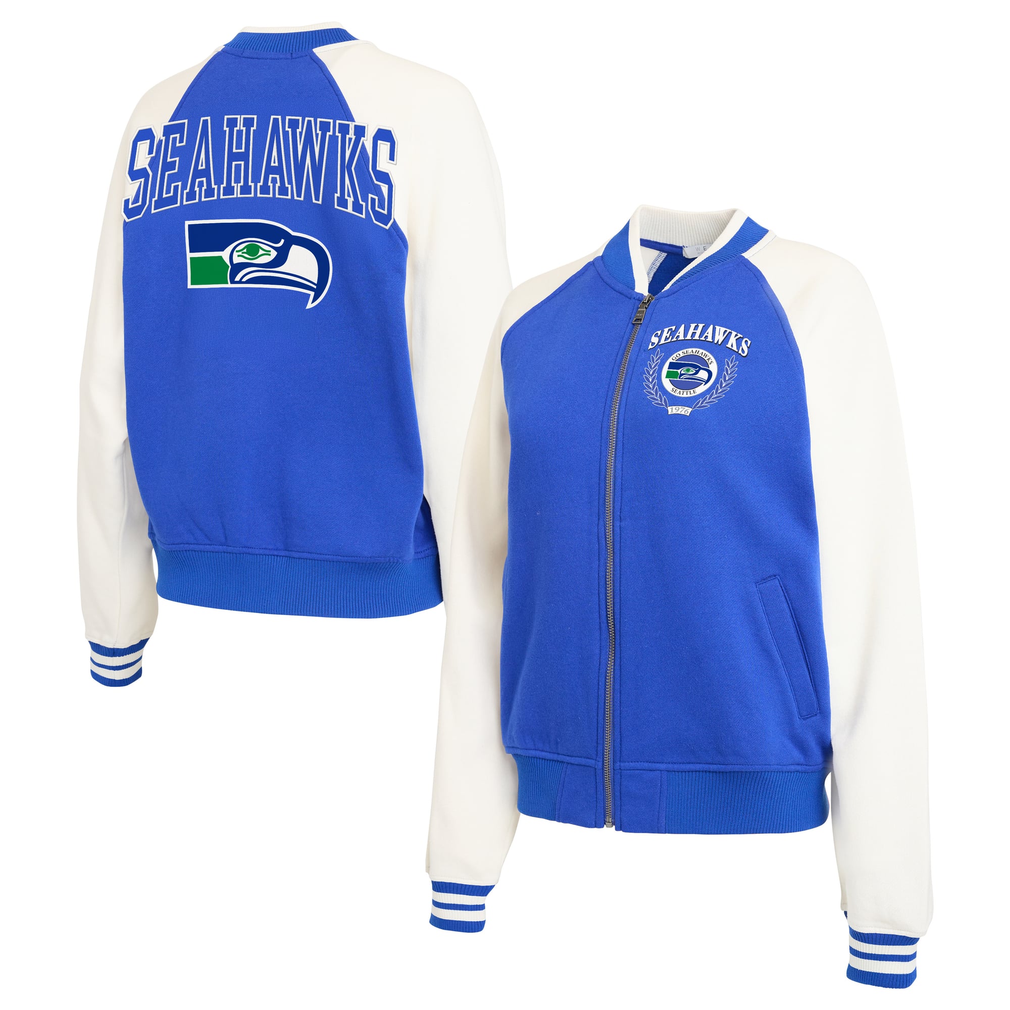 Women's WEAR by Erin Andrews Royal/White Seattle Seahawks Throwback Plus Fleece Varsity Full-Zip Jacket