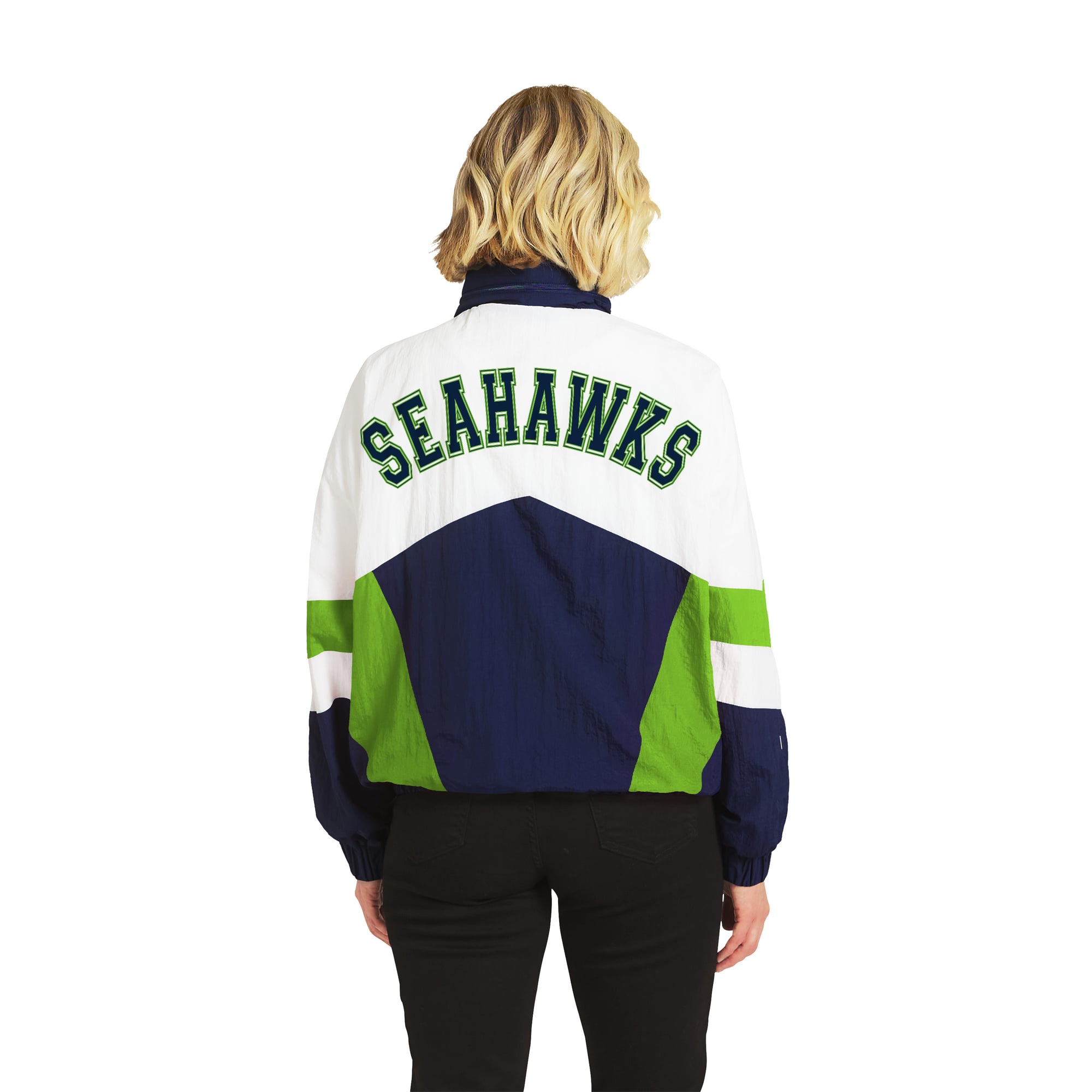 Women's WEAR by Erin Andrews  White/College Navy Seattle Seahawks Crinkle Full-Snap Hooded Windbreaker Jacket