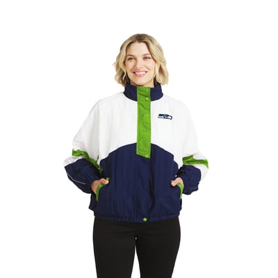  Seattle Seahawks WEAR by Erin Andrews Women's Crinkle Full-Snap Hooded Windbreaker Jacket - White/College Navy