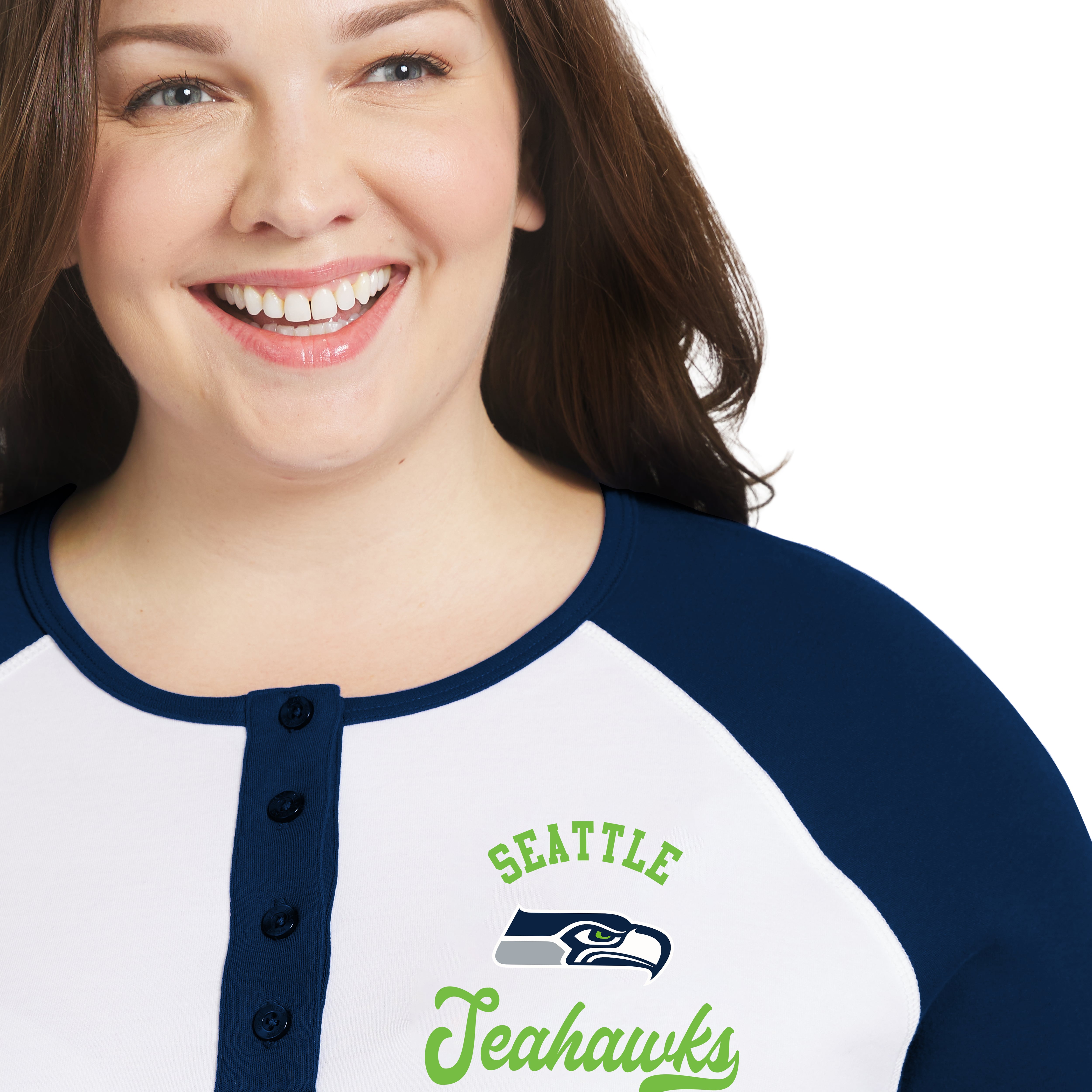 Women's WEAR by Erin Andrews White/College Navy Seattle Seahawks Plus Henley Long Sleeve Raglan T-Shirt