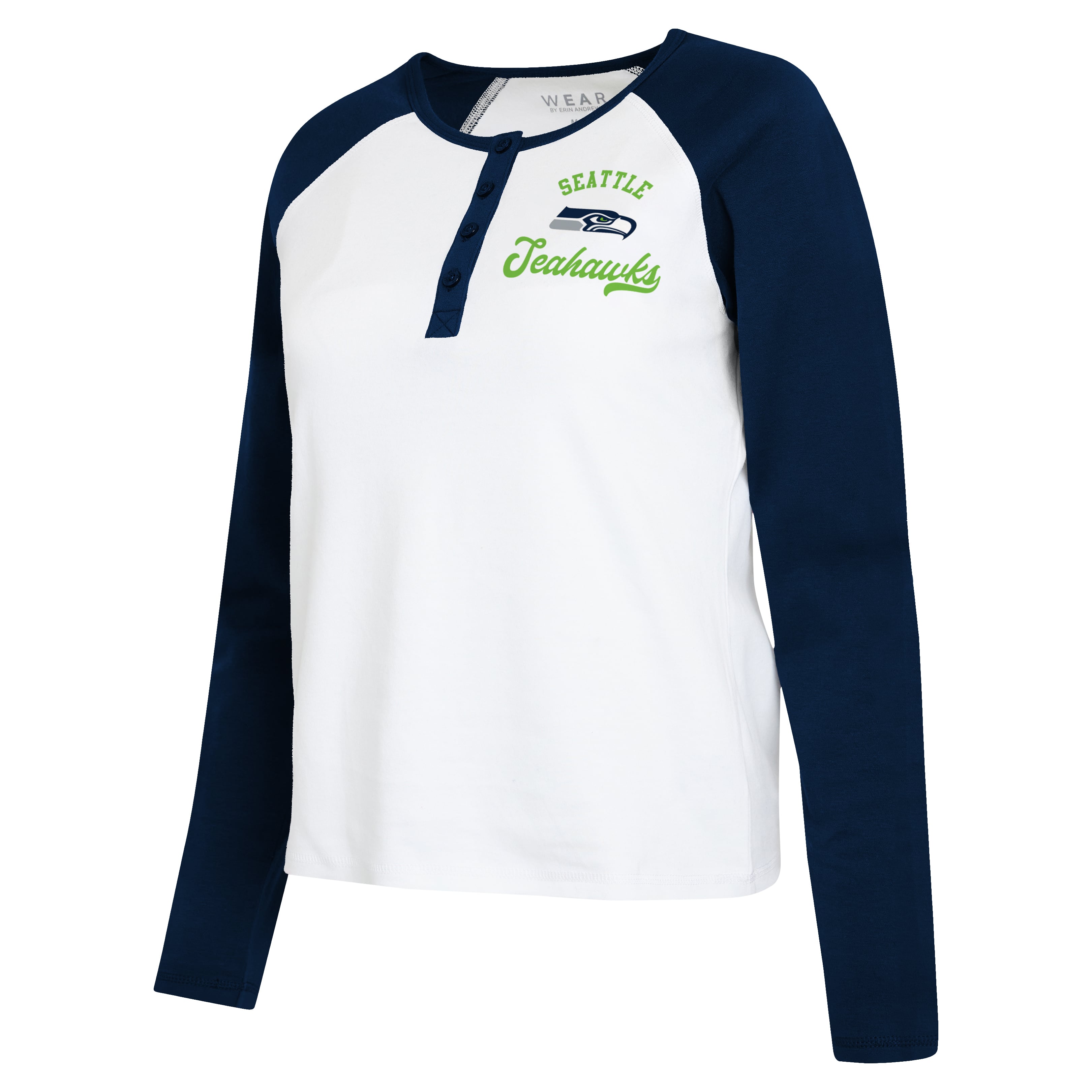 Women's WEAR by Erin Andrews White/College Navy Seattle Seahawks Plus Henley Long Sleeve Raglan T-Shirt
