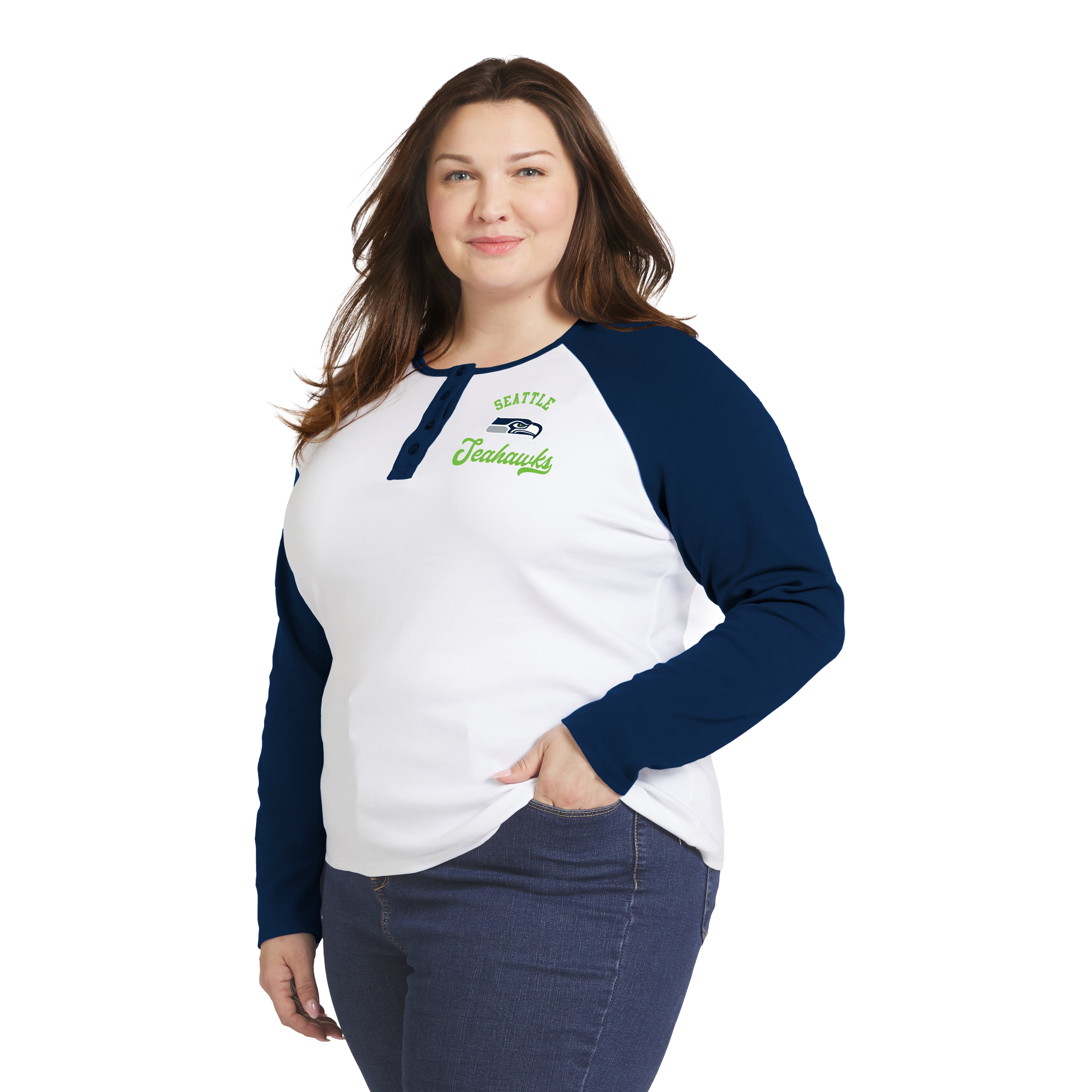 Women's WEAR by Erin Andrews White/College Navy Seattle Seahawks Plus Henley Long Sleeve Raglan T-Shirt