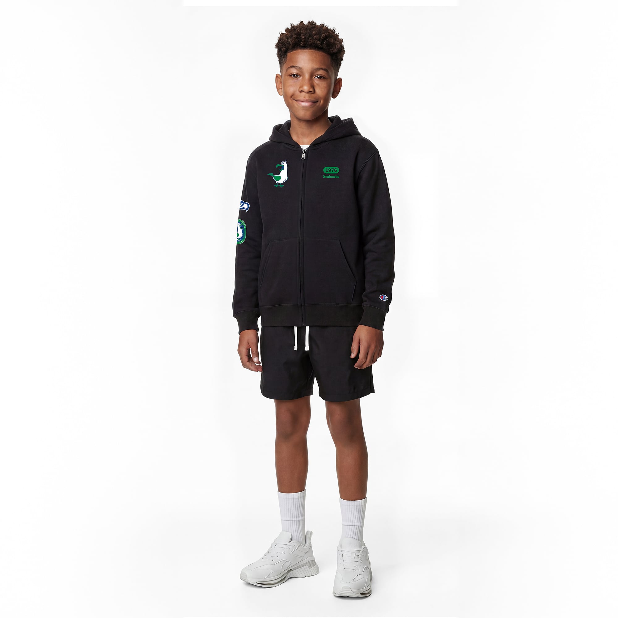 Youth Disney x Champion Black Seattle Seahawks Seagulls Full-Zip Hoodie