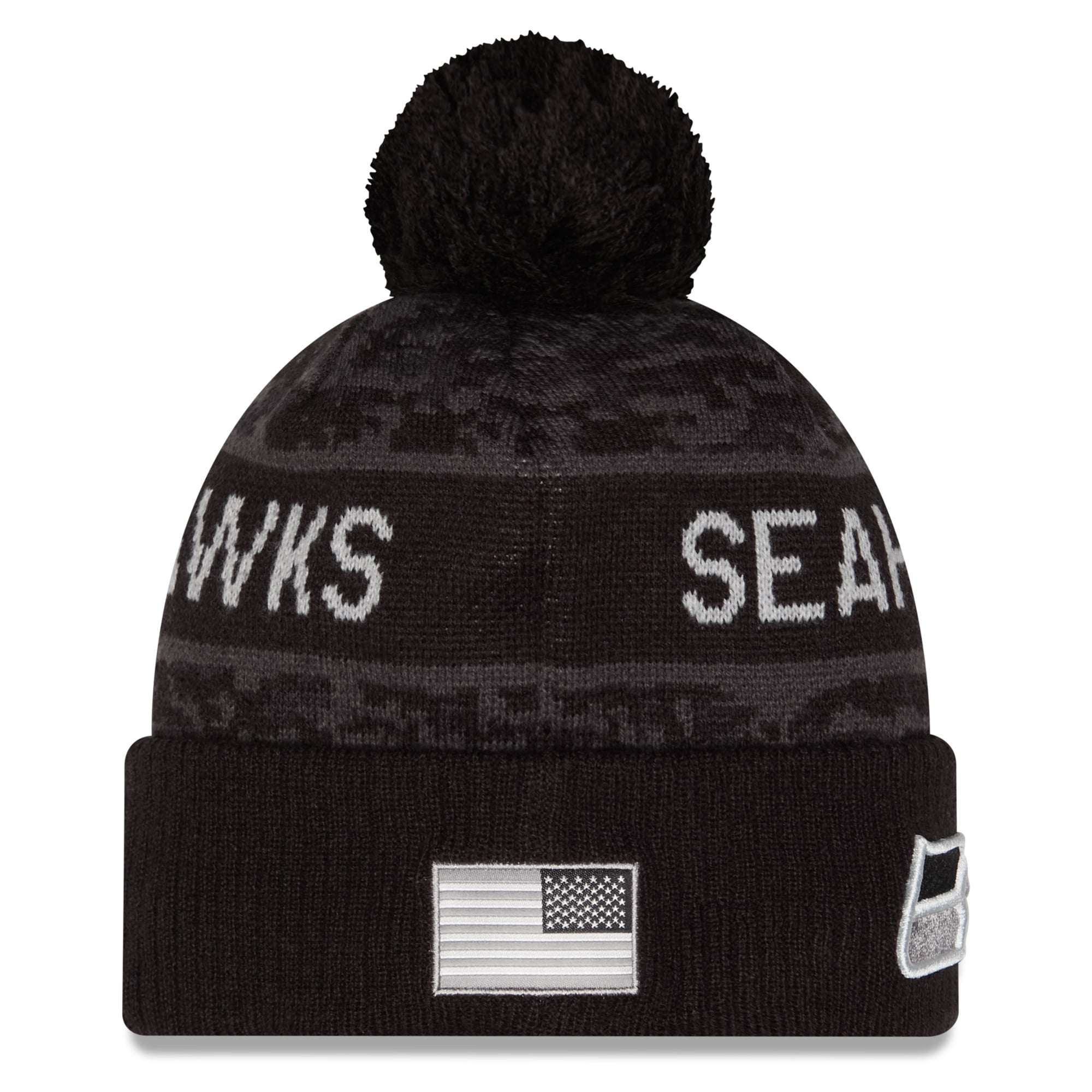 Bonnet à revers New Era noir Seattle Seahawks 2026 Salute To Service pour enfant avec pompon