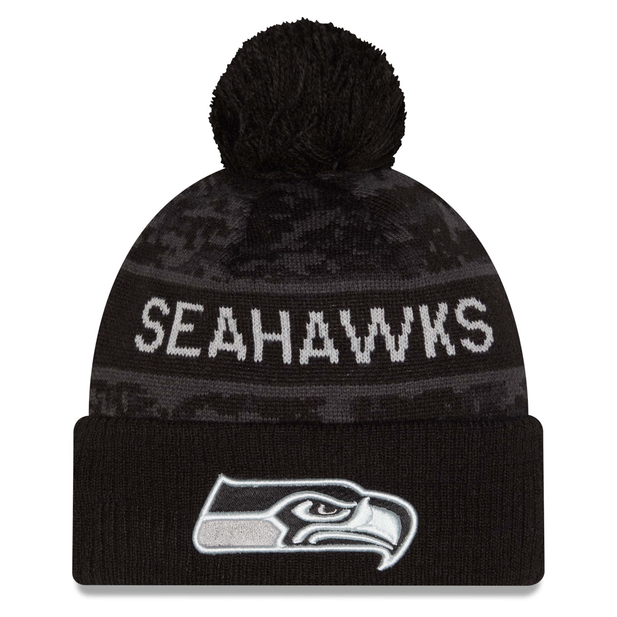 Bonnet à revers New Era noir Seattle Seahawks 2026 Salute To Service pour enfant avec pompon