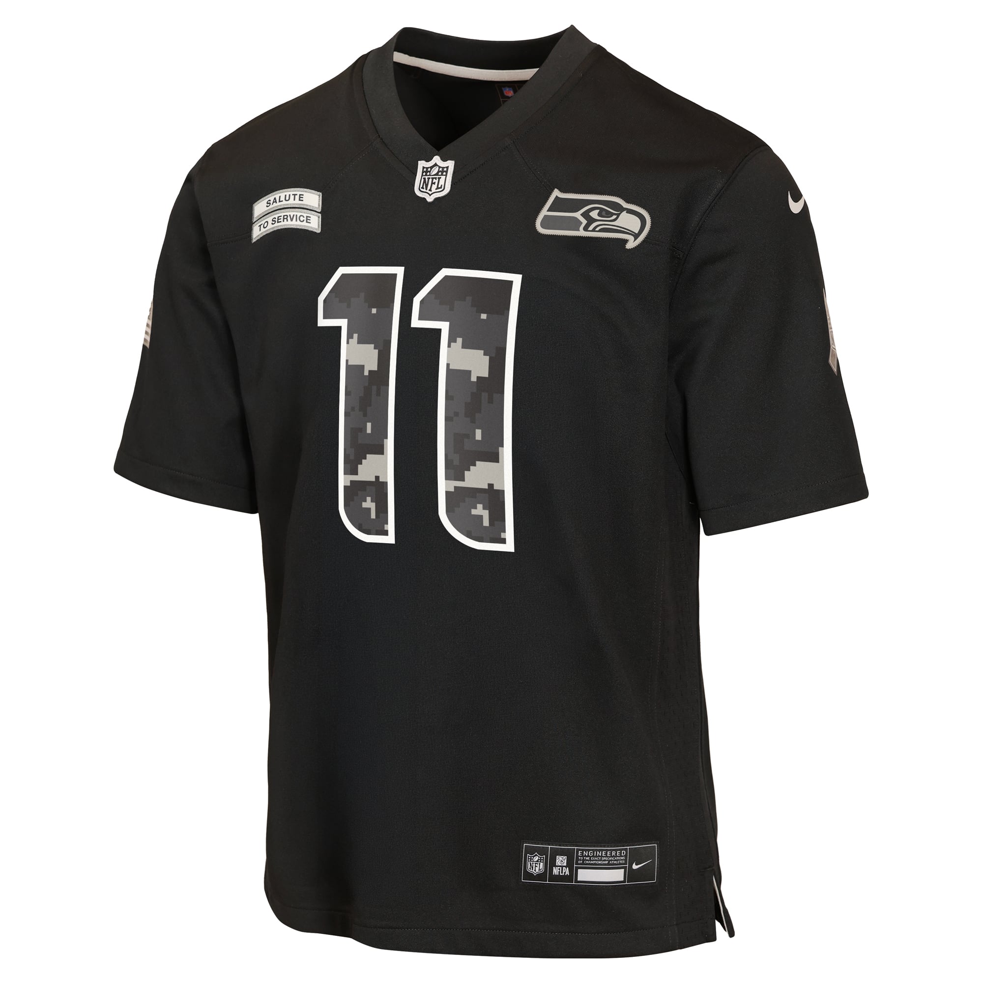 Maillot Nike Jaxon Smith-Njigba noir pour enfant, Seattle Seahawks, édition spéciale 2026 « Salute to Service ».