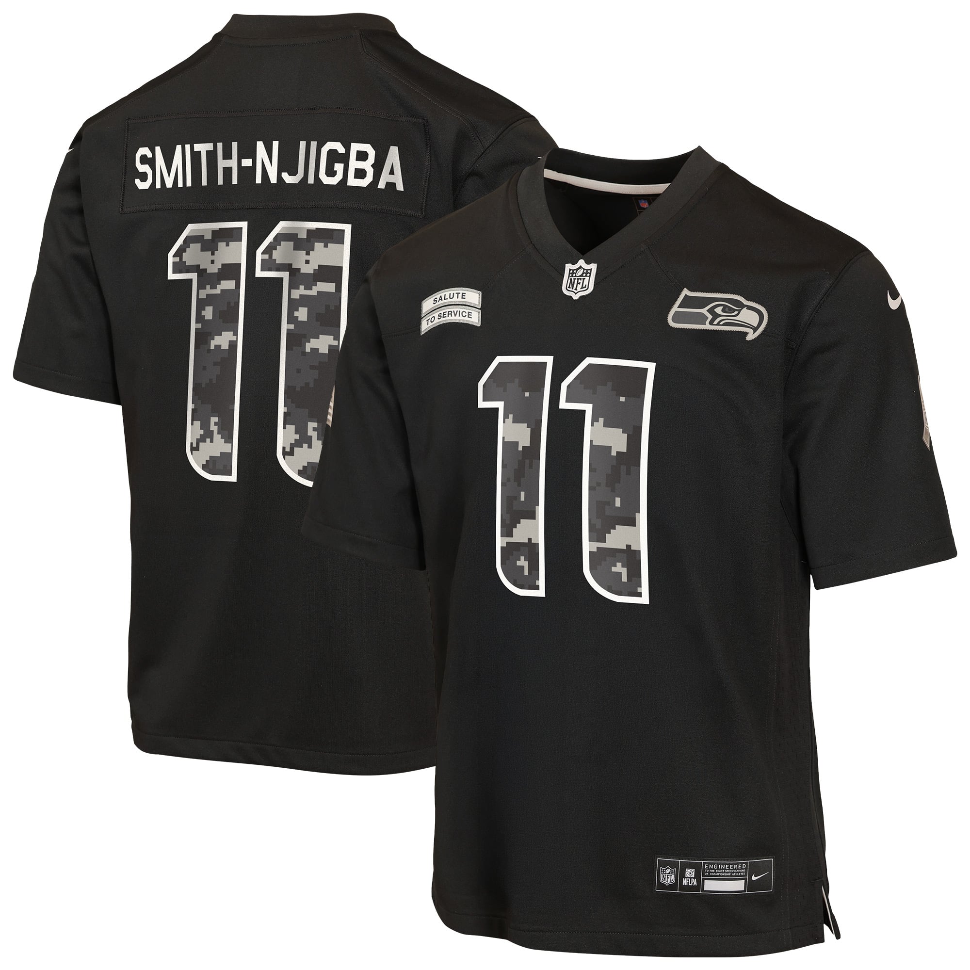 Maillot Nike Jaxon Smith-Njigba noir pour enfant, Seattle Seahawks, édition spéciale 2026 « Salute to Service ».