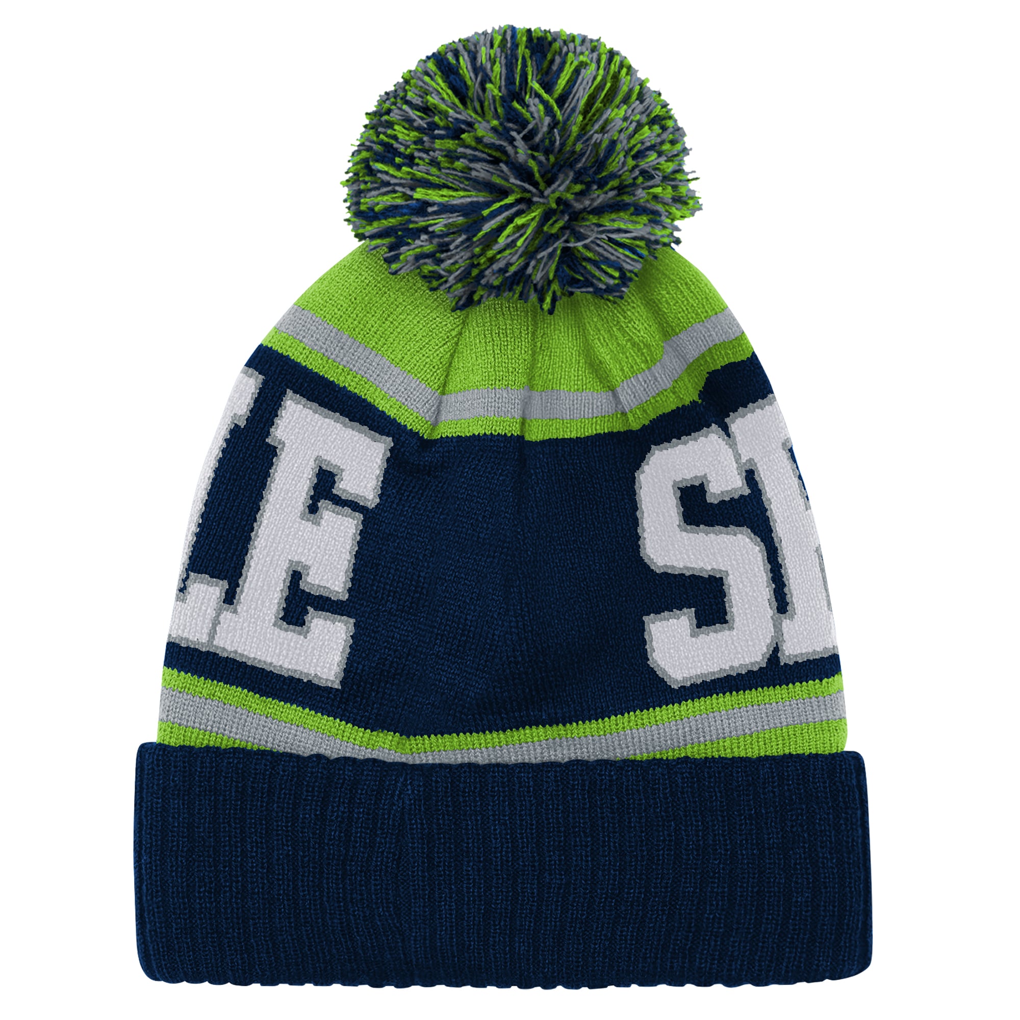 Bonnet tricoté à revers avec pompon, modèle True Edge, bleu marine, style universitaire, Seattle Seahawks, de Youth Outerstuff College.