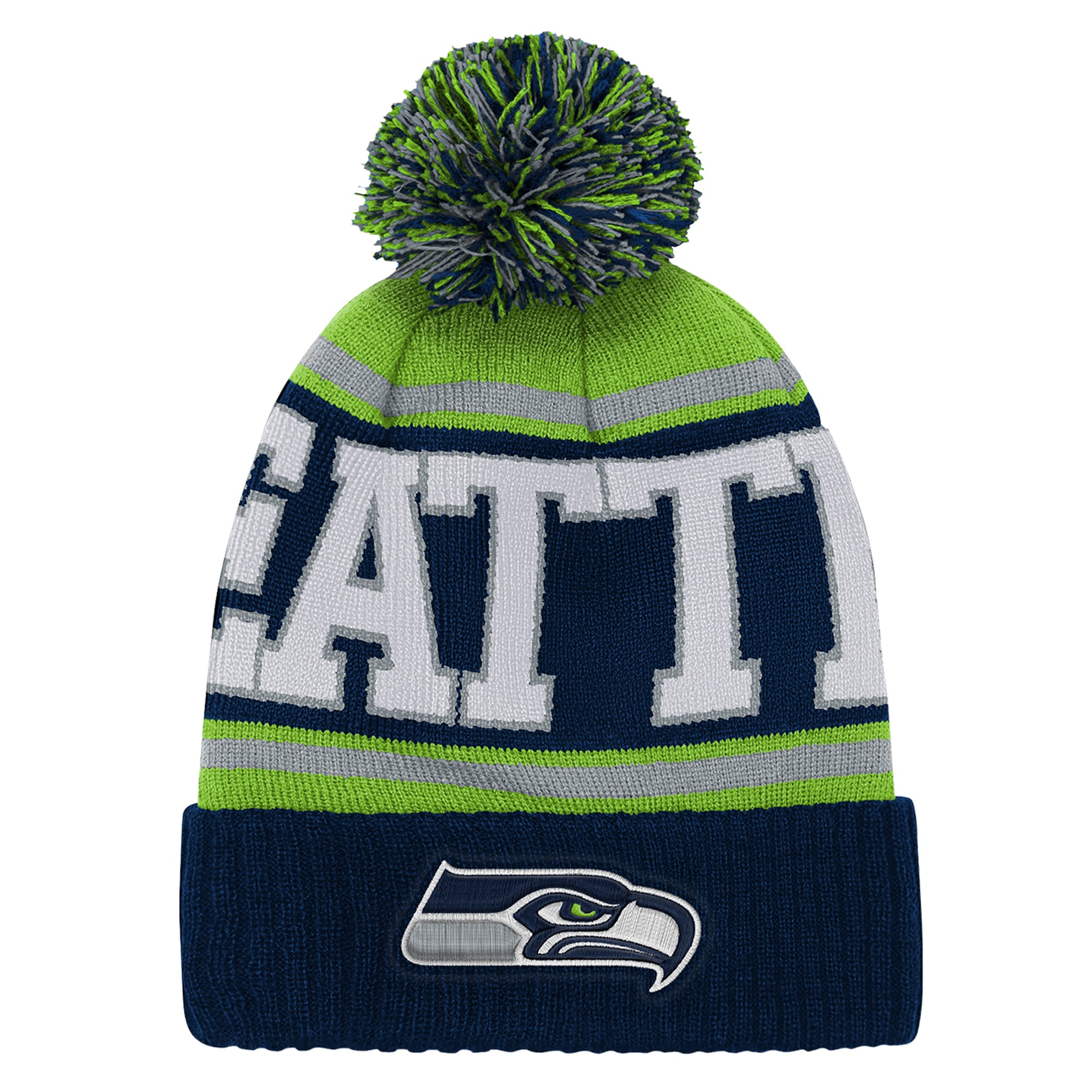 Bonnet tricoté à revers avec pompon, modèle True Edge, bleu marine, style universitaire, Seattle Seahawks, de Youth Outerstuff College.