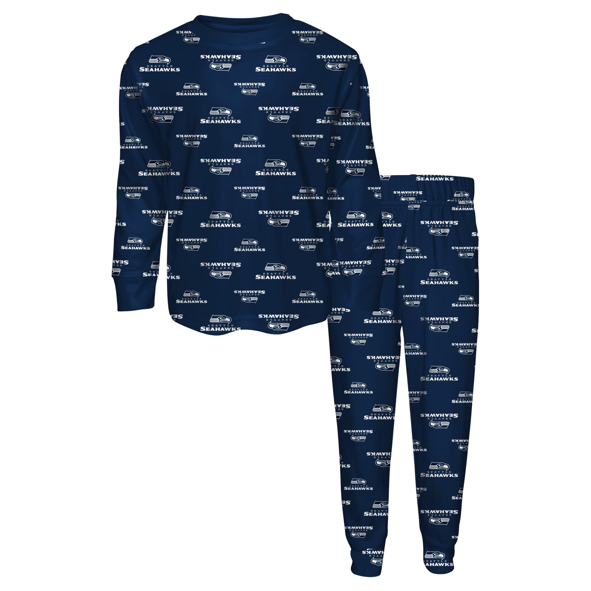 Youth Outerstuff Navy Seattle Seahawks All-Over-Print Long Sleeve T-Shirt and Pants Sleep Set