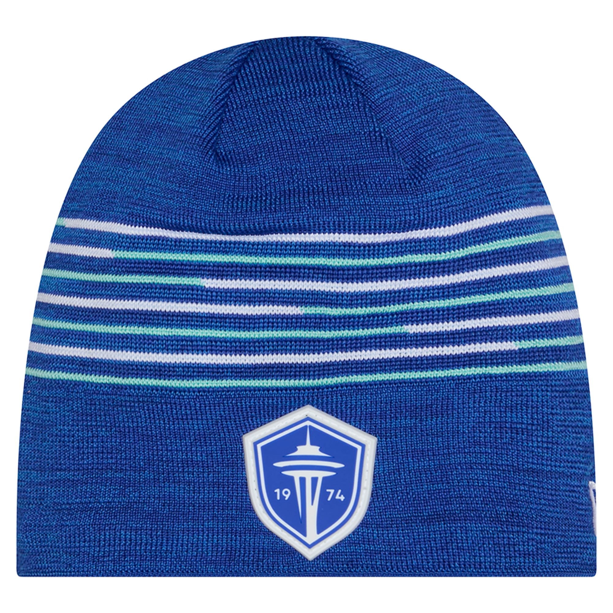 Seattle Sounders FC Soccer Beanie Hat Blue stripe with Pom Pom Pouf on Top. Warm Seattle Seahawks Heritage Stripe Retro Logo Pom Beanie FOCO main image 3