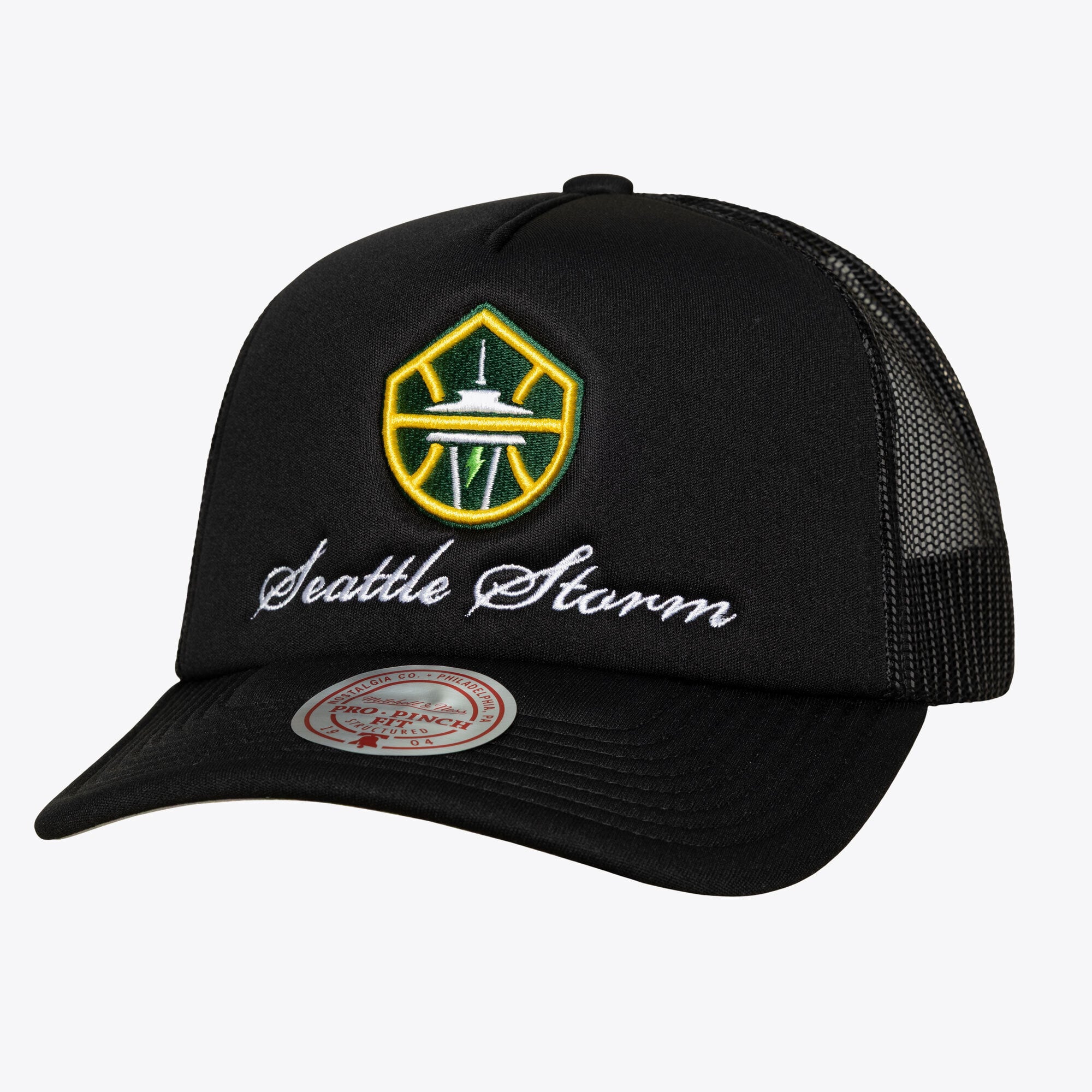 Casquette trucker unisexe Mitchell & Ness Seattle Storm Script Pro Pinch ajustable noire