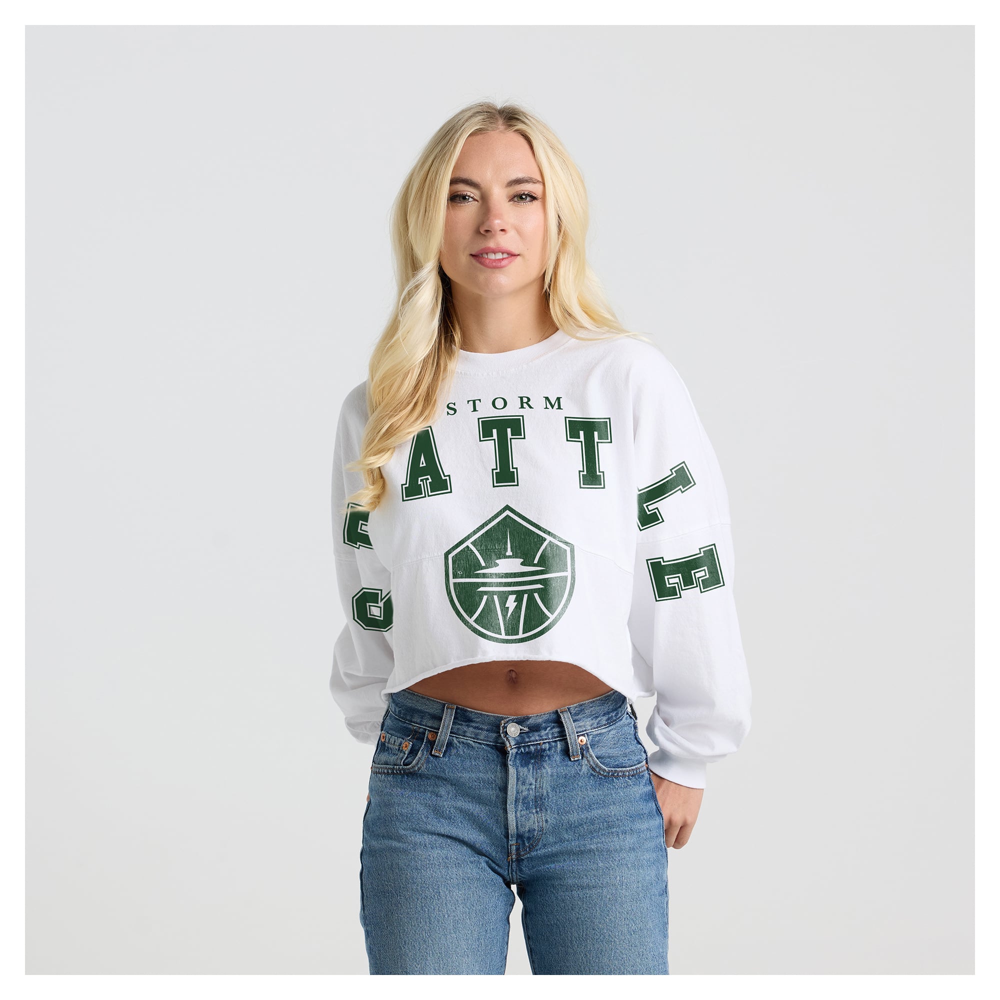 Sweat-shirt court à col rond blanc Seattle Storm Spirit Jersey pour femme (Fanatics)