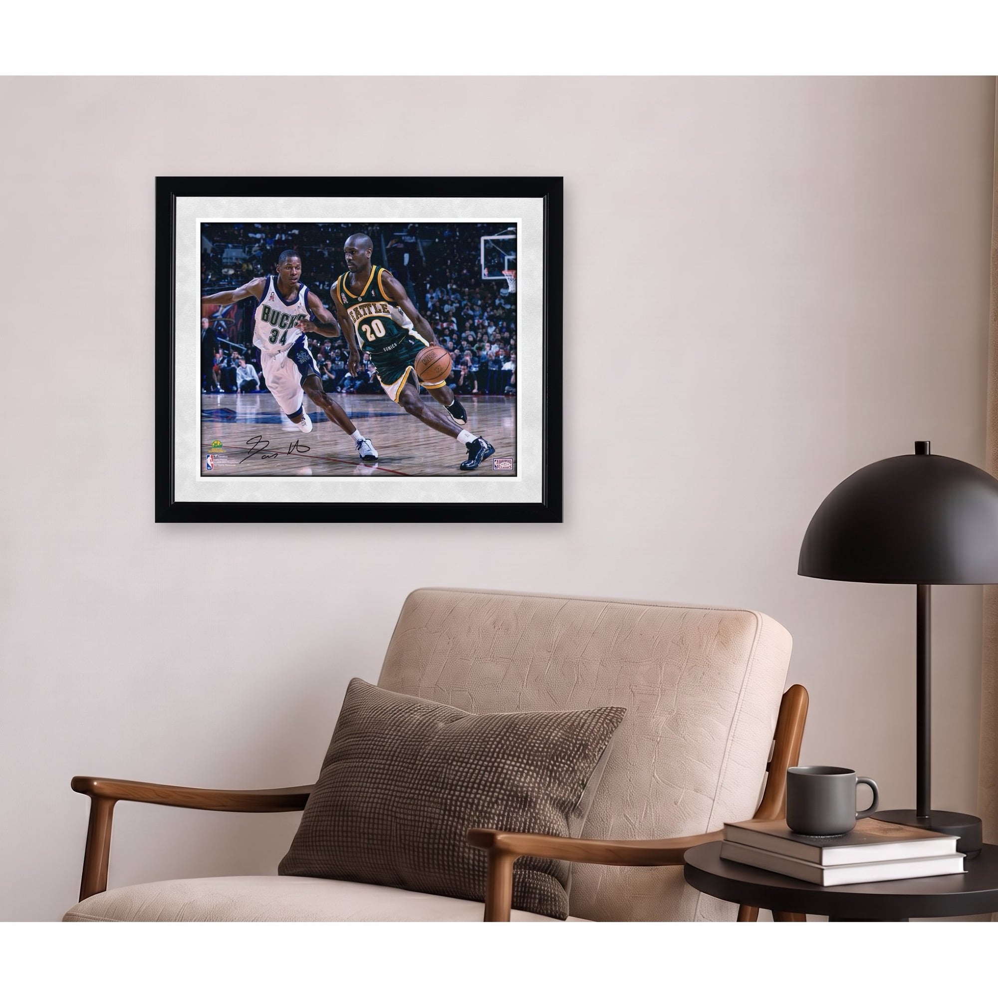 Gary Payton Seattle Supersonics Autographed 16" x 20" Dribbling in Green Photograph