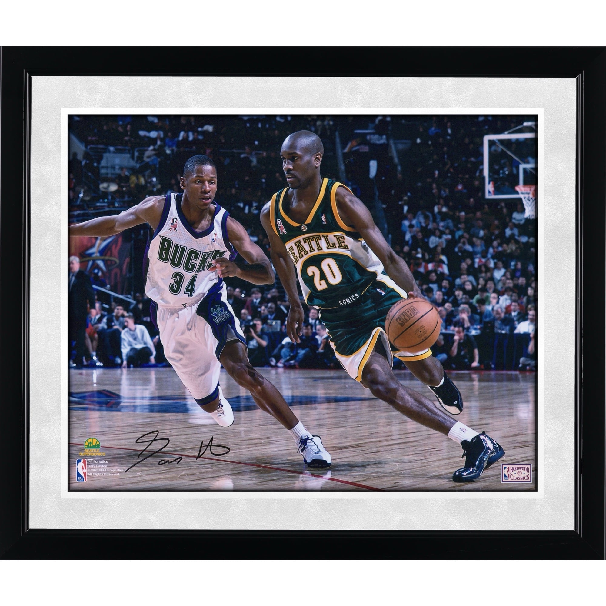 Gary Payton Seattle Supersonics Autographed 16" x 20" Dribbling in Green Photograph