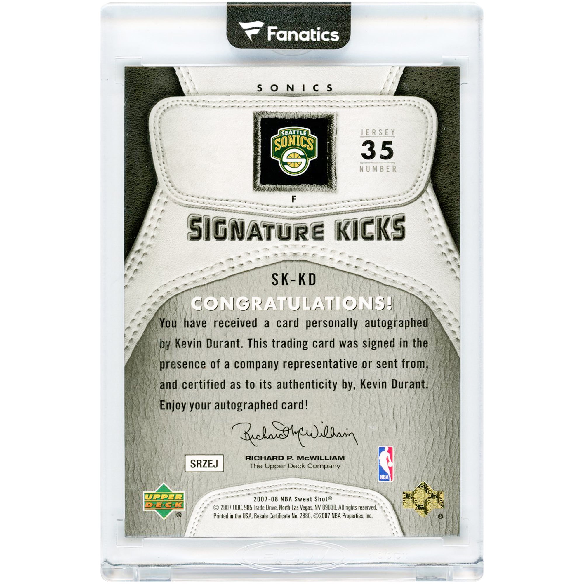 Carte autographiée Kevin Durant Seattle SuperSonics 2007-08 Upper Deck Sweet Shot Signature Kicks #SK-KD #15/40