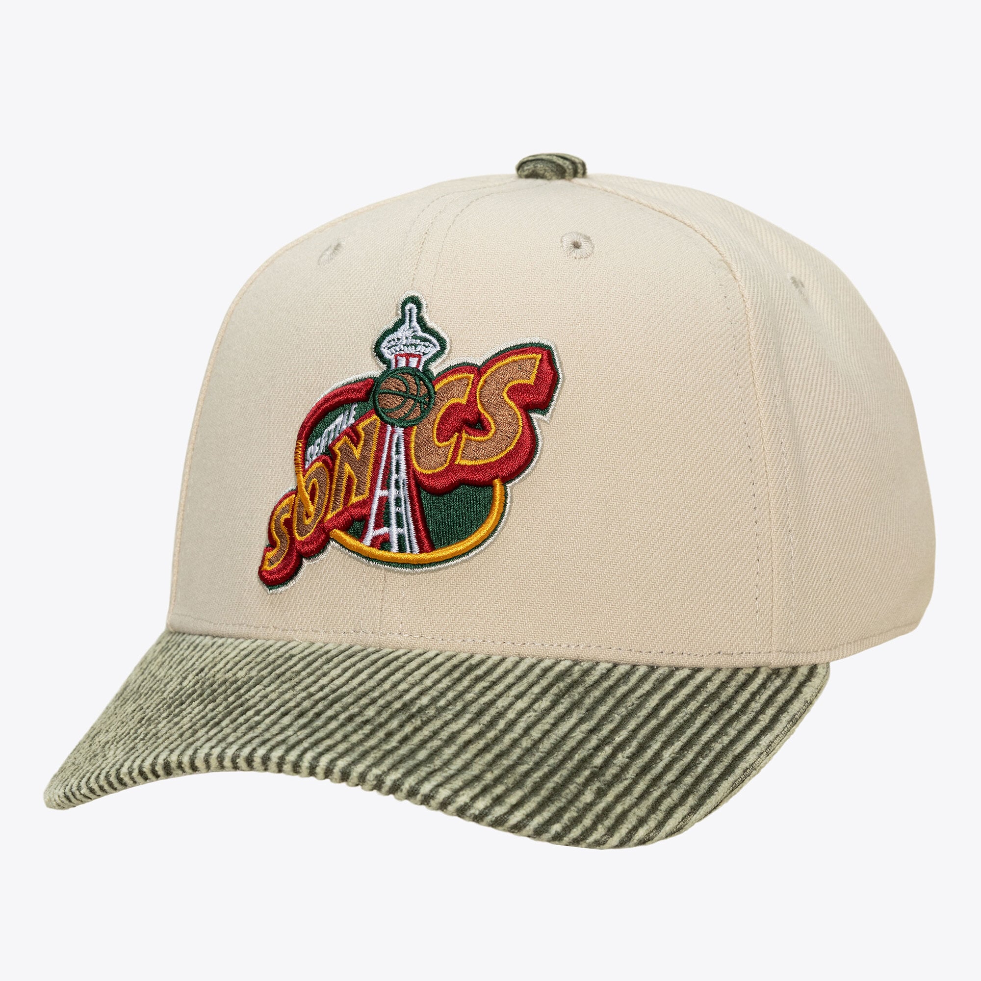 Men's Seattle SuperSonics Mitchell & Ness Cream/Green Washed Corduroy Pro Crown Snapback Hat