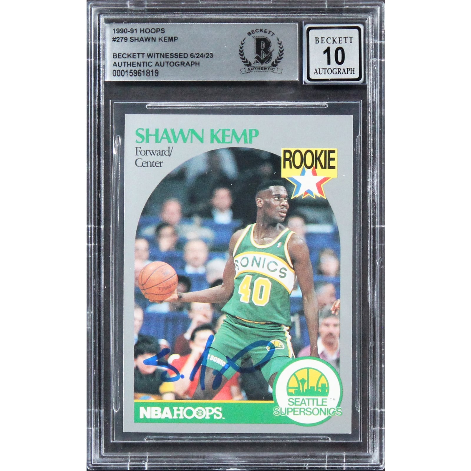 Sonics Shawn Kemp Signed 1990 Hoops #279 Rookie Card Auto 10! BAS 