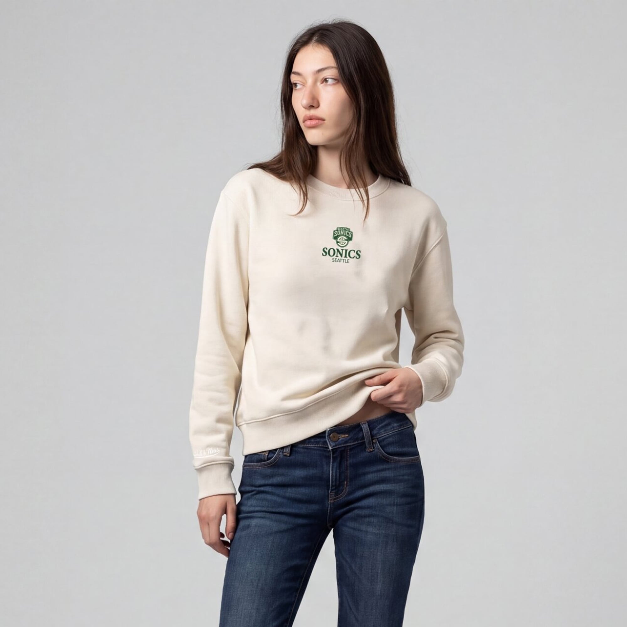 Women's Mitchell & Ness Cream Seattle SuperSonics Core Essentials Micro Logo Fleece Sweatshirt