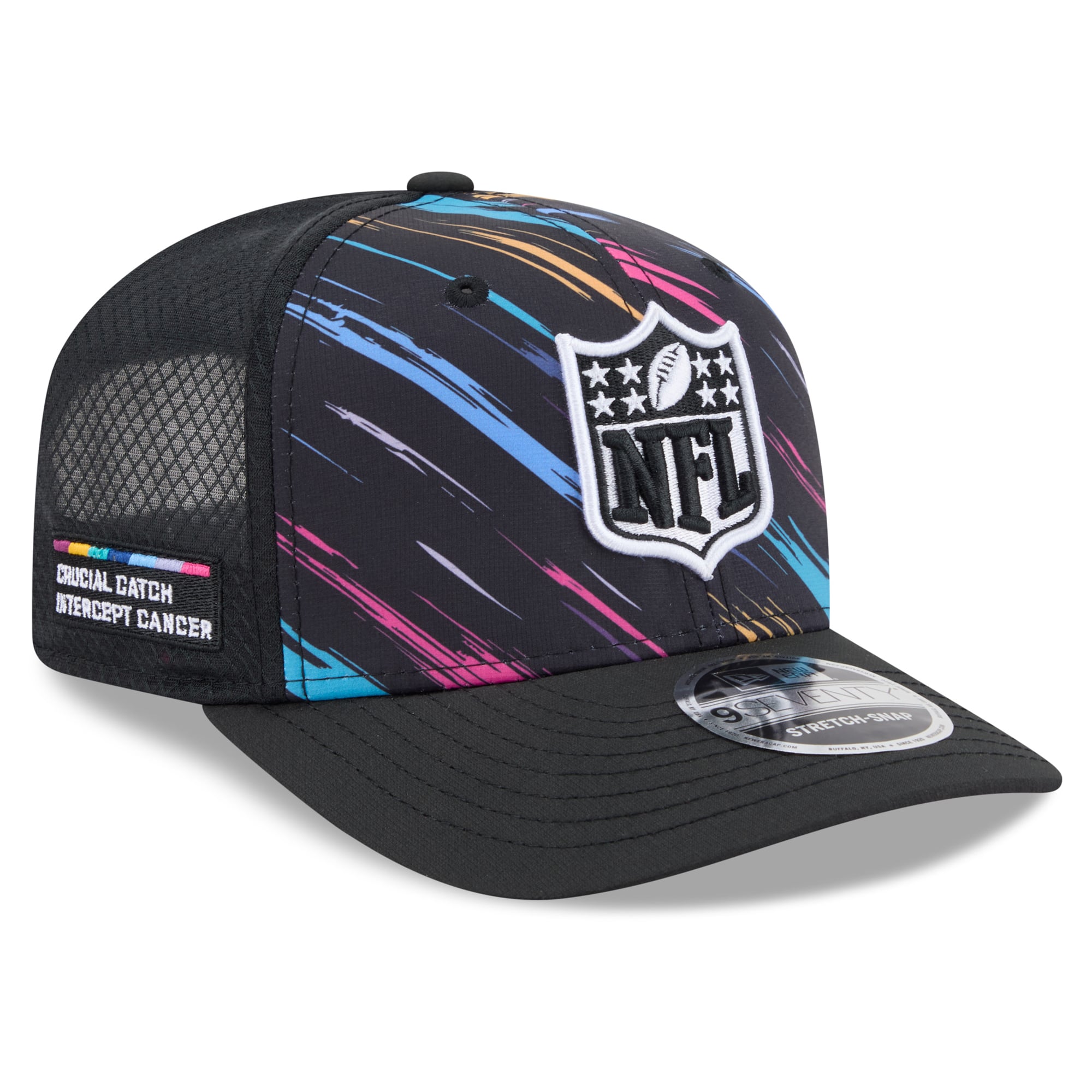 Casquette trucker ajustable New Era noire pour homme, modèle 9SEVENTY, édition spéciale NFL Crucial Catch 2026.
