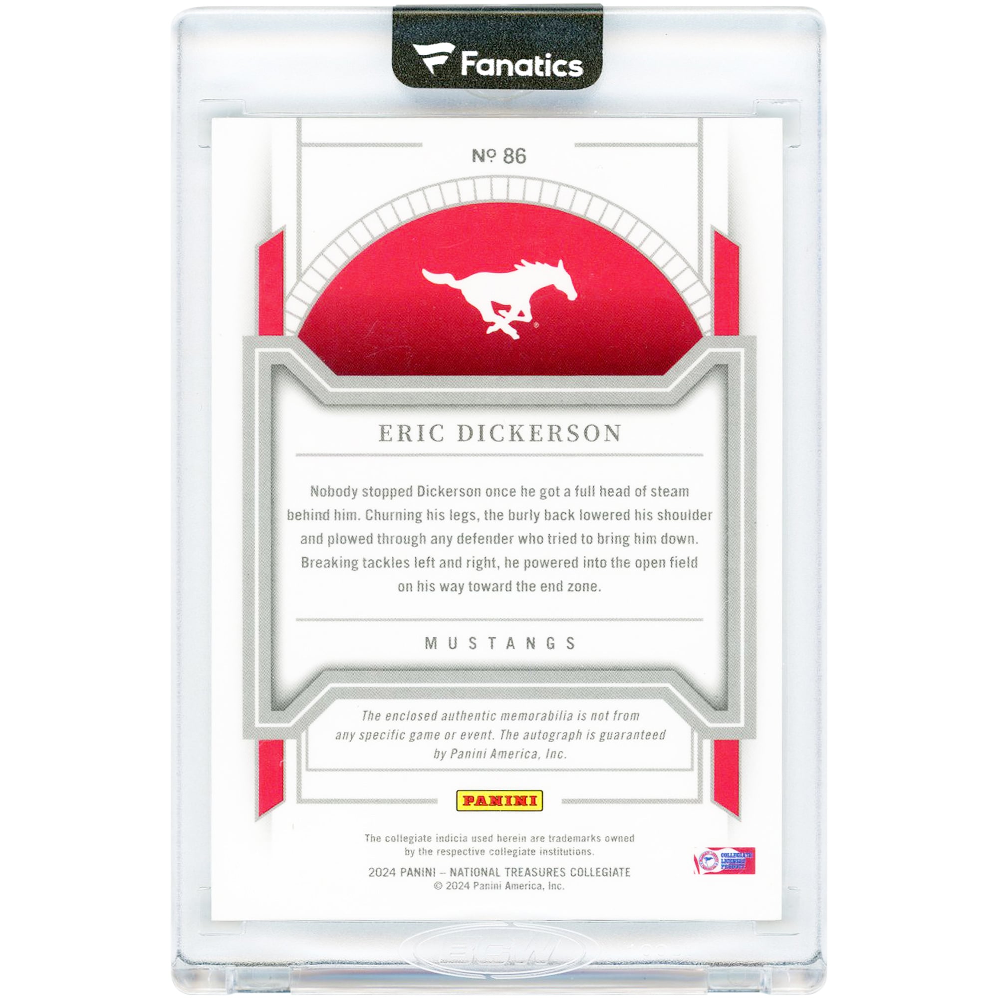 Carte autographiée d'Eric Dickerson (SMU Mustangs) 2024 Panini National Treasures Collegiate n° 86 n° 40/49