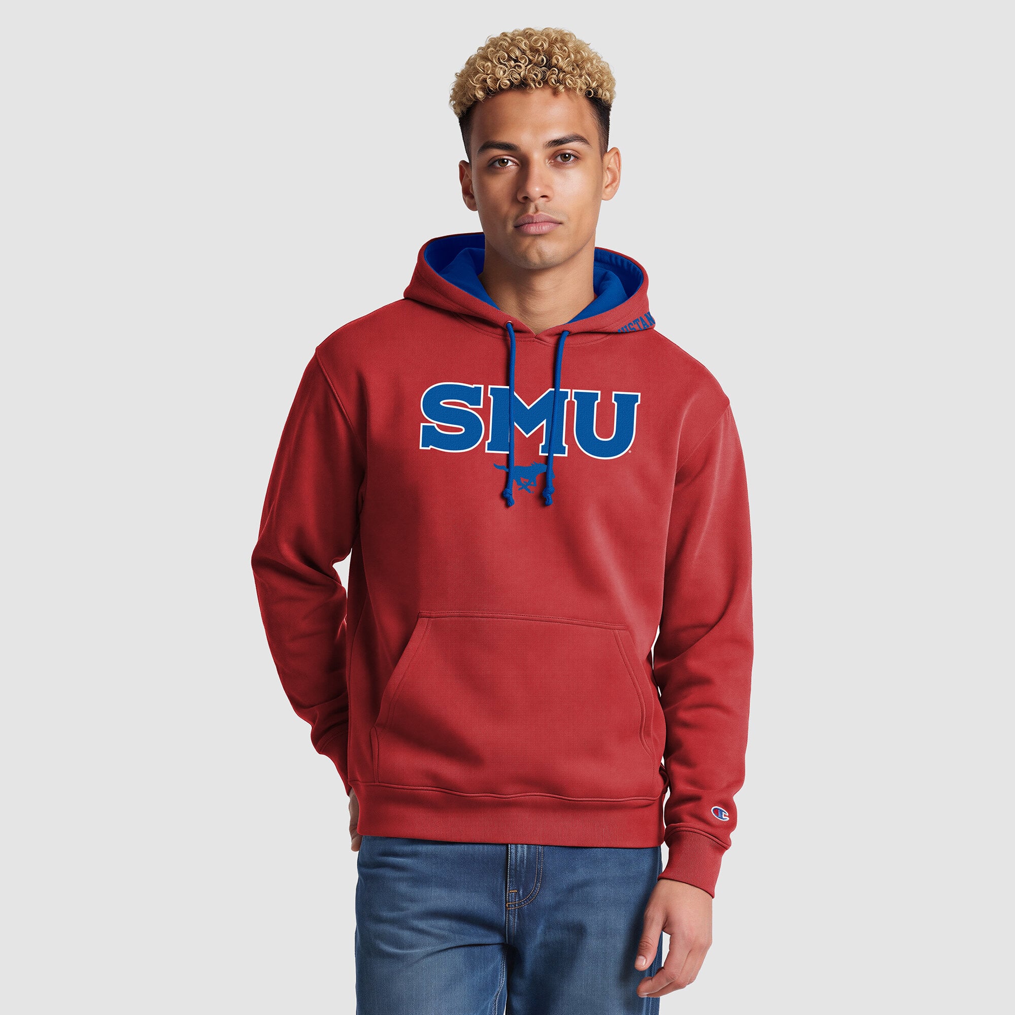 Sweat à capuche contrasté Champion rouge/bleu royal SMU Mustangs pour homme