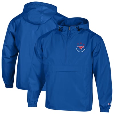  SMU Mustangs Champion Embroidered Half-Zip Hooded Packable Jacket - Royal