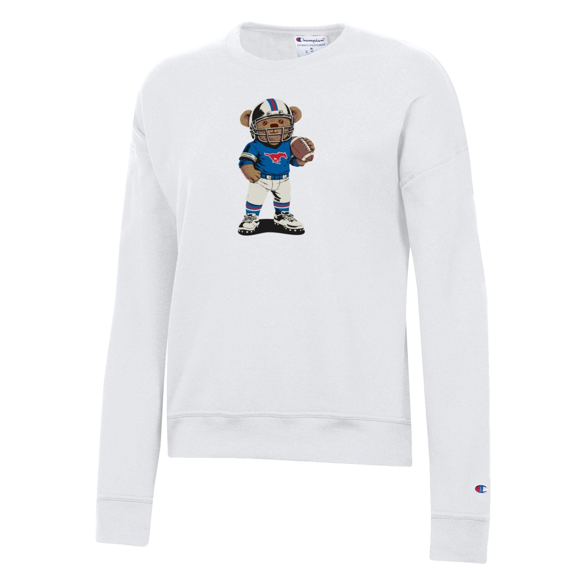 Women's Champion White SMU Mustangs Teddy Bear Sweatshirt