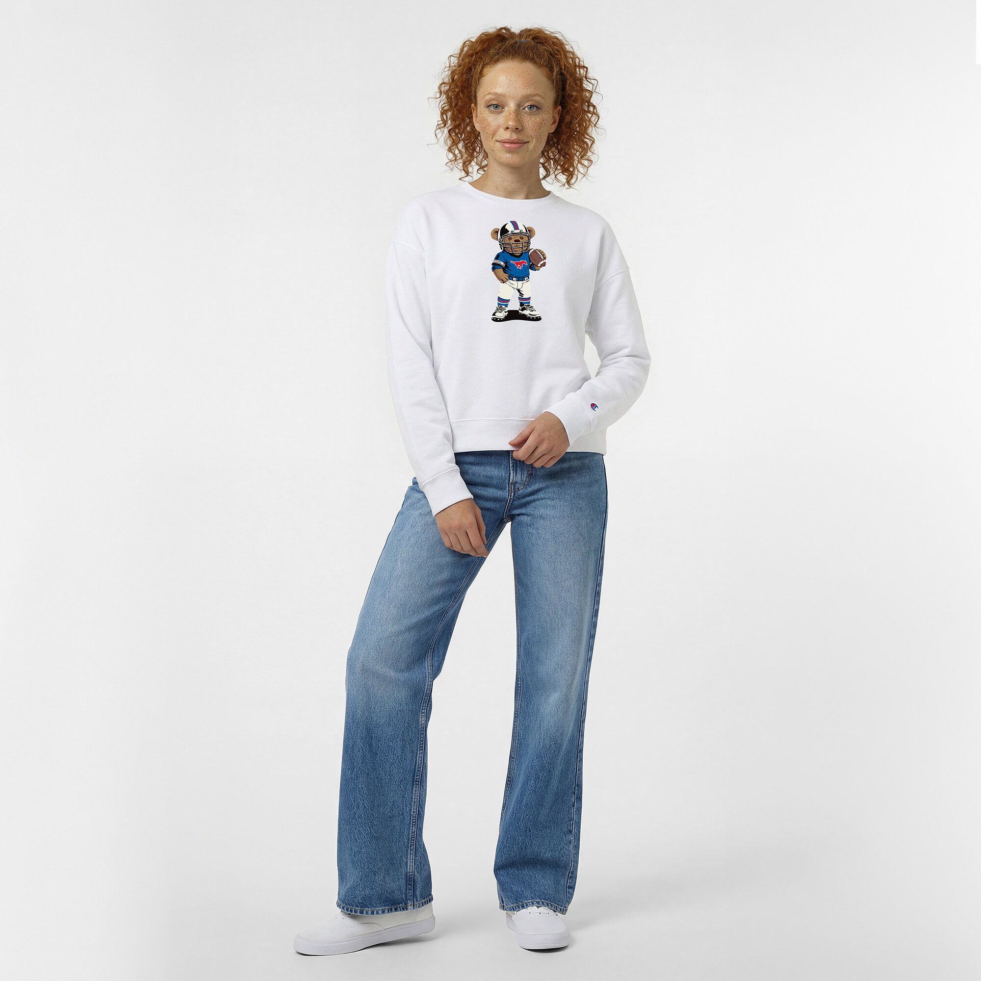 Women's Champion White SMU Mustangs Teddy Bear Sweatshirt