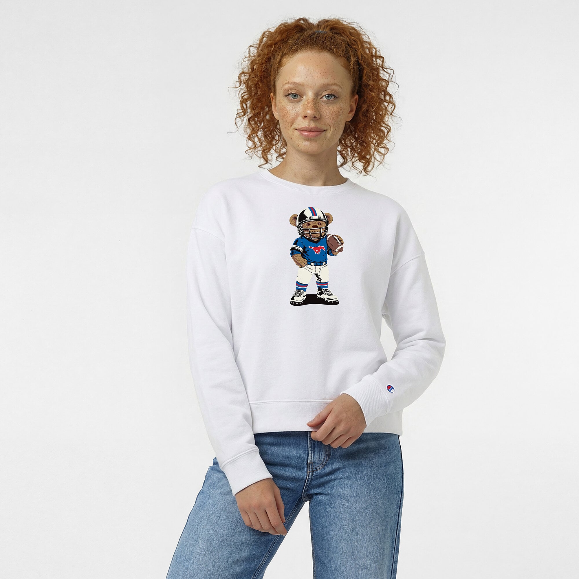 Women's Champion  White SMU Mustangs Teddy Bear Sweatshirt