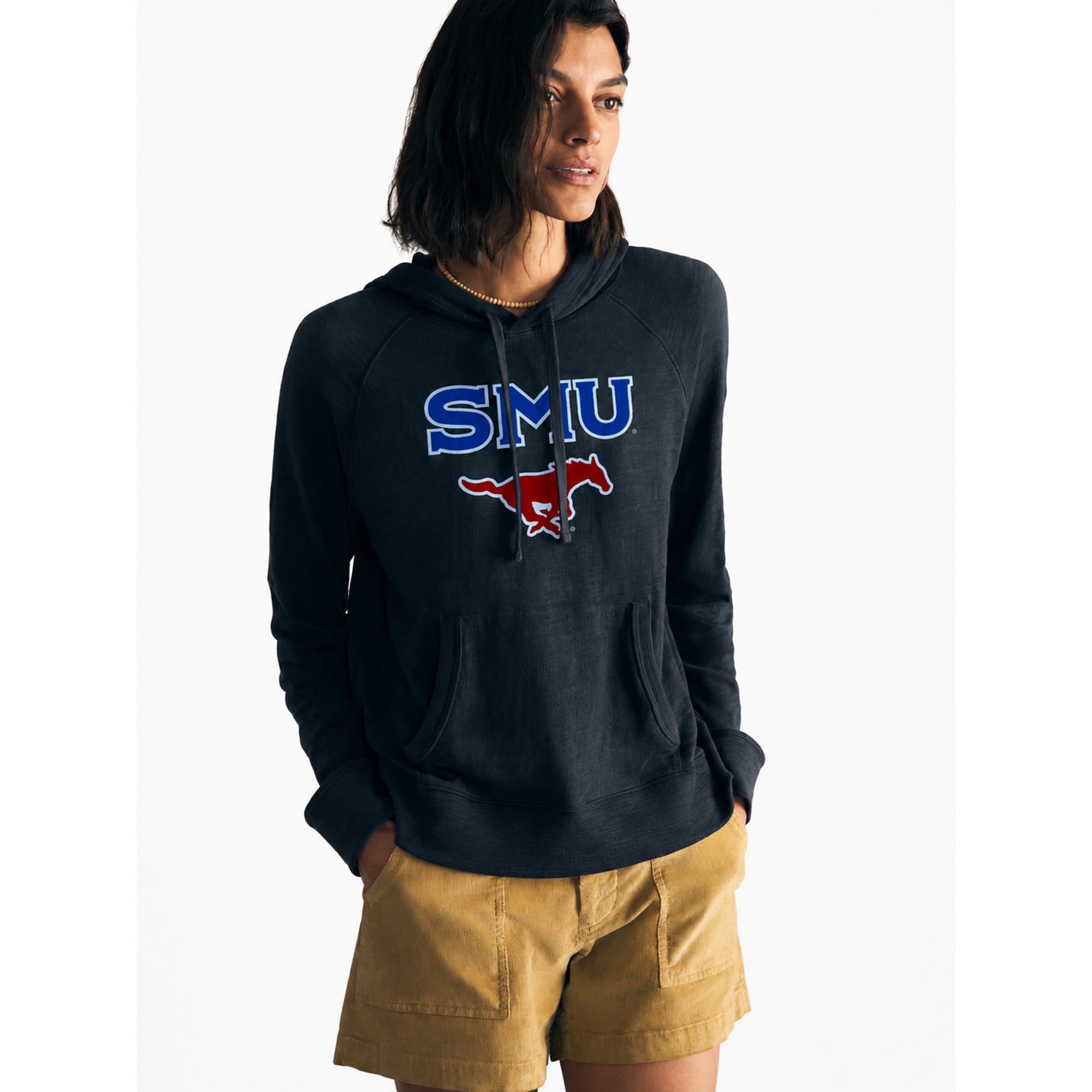 Sweat à capuche FAHERTY bleu marine SMU Mustangs pour femme, en tissu flammé délavé.