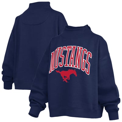  SMU Mustangs Pressbox Women's Oversized Slogan Fleece Mock Neck Sweatshirt - Royal