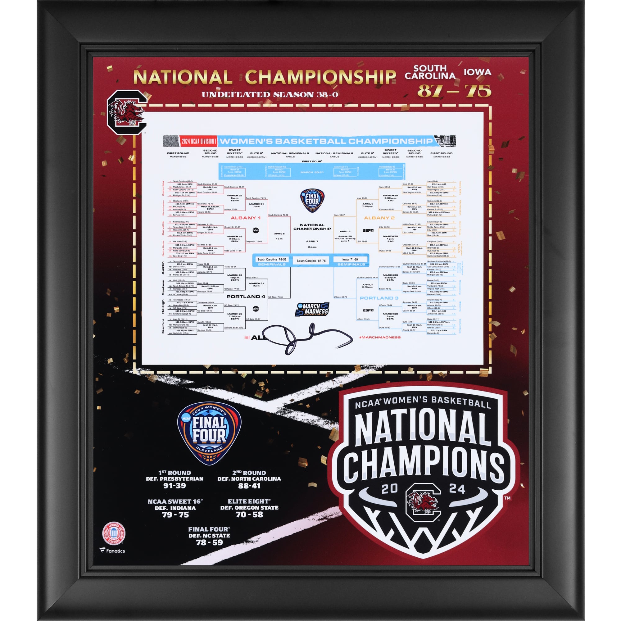 Dawn Staley South Carolina Gamecocks Autographed 2024 NCAA Women's Basketball National Champions Framed 15" x 17" Bracket Collage