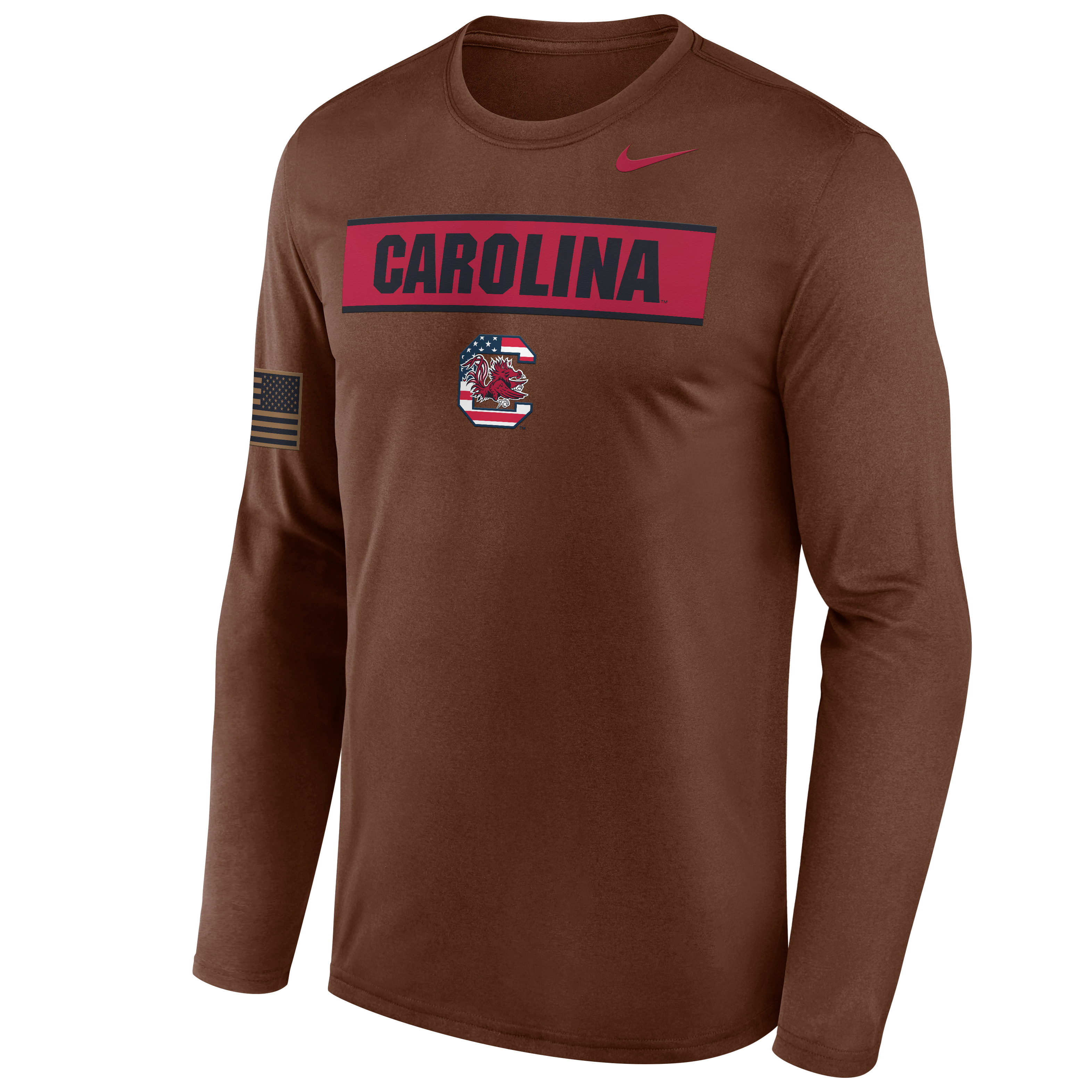 T-shirt à manches longues Nike marron pour homme, South Carolina Gamecocks 2026, hommage aux militaires, technologie Dri-FIT